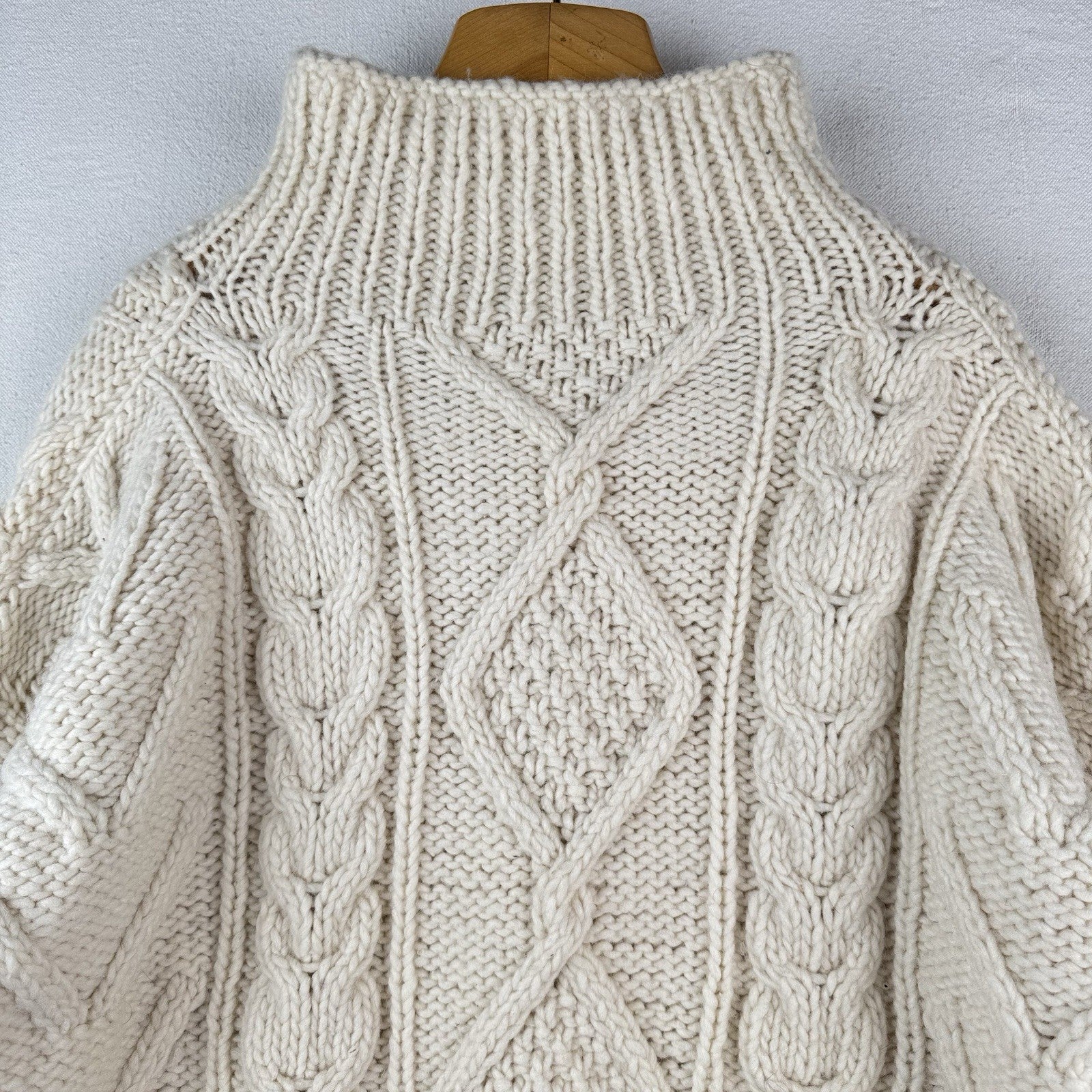 Handknit Wool 2XL Fisherman Sweater Cream White Knit Collar 2-button 48” *Read