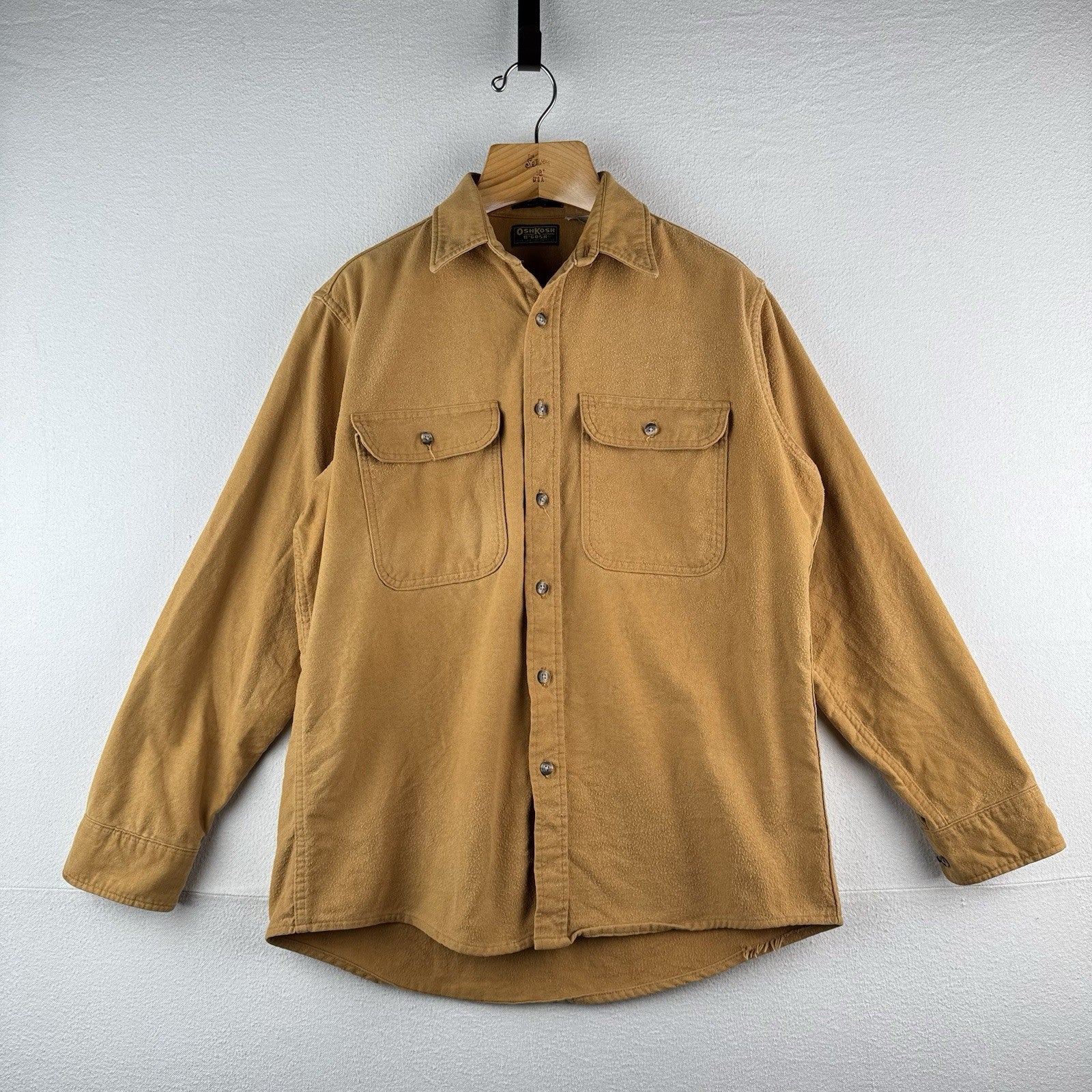80’s Vtg OshKosh Bgosh Shirt Mens L Camel Tan Chamois Flannel Button USA Made