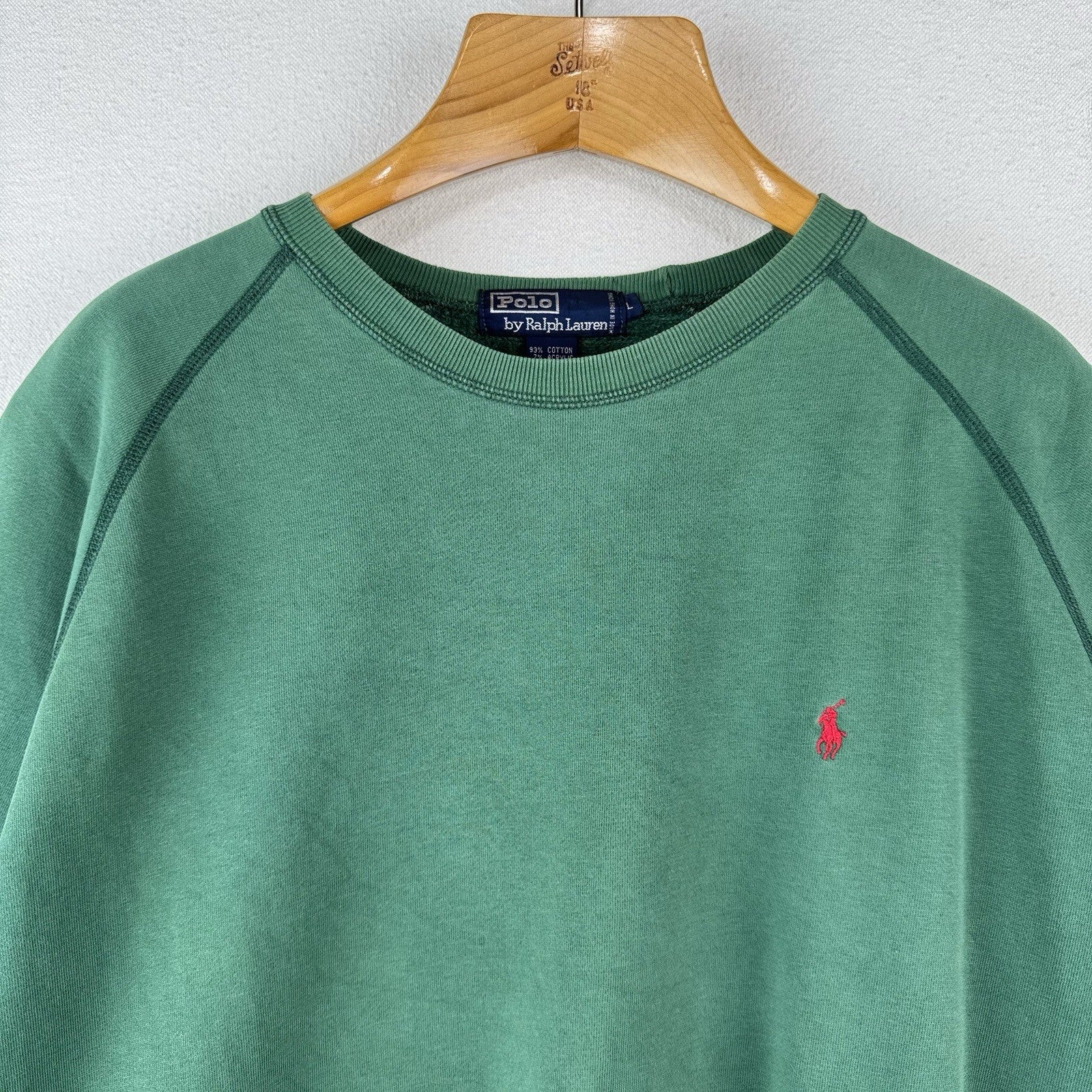 90’s Vtg Polo Ralph Lauren Crew Raglan Sweatshirt Men’s Large Green Sun-Faded