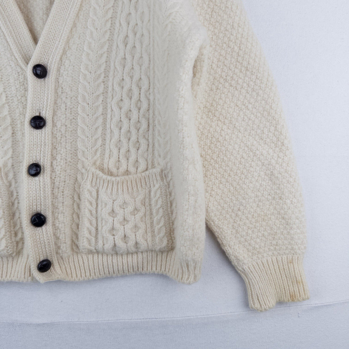 70’s Vtg St Michael Aran Chunky Knit Cardigan Fisherman Wool Cream L *Distressed