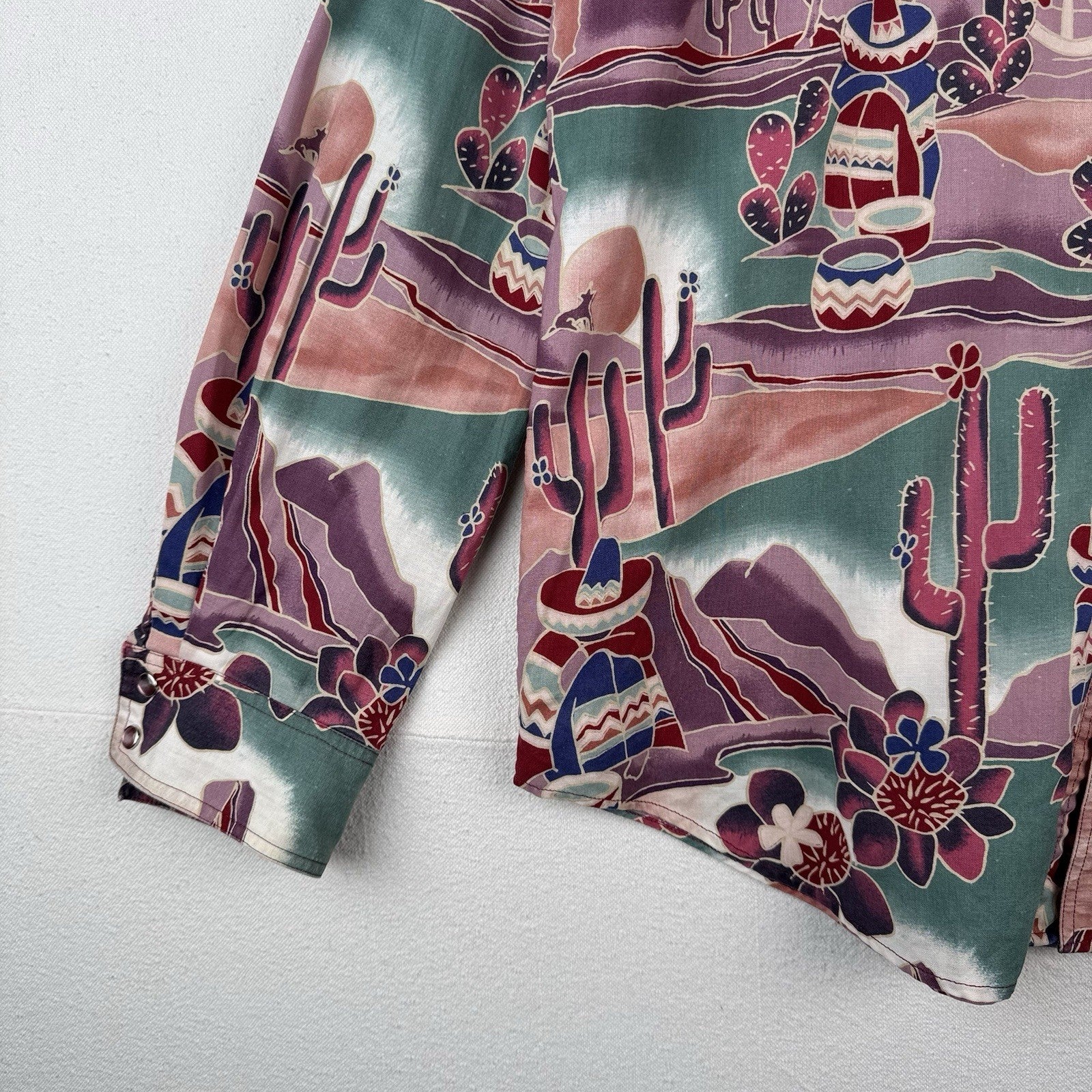 Vintage Southwestern Desert Cowboy Cactus Pearl Snap Shirt Purple Green XL 46”