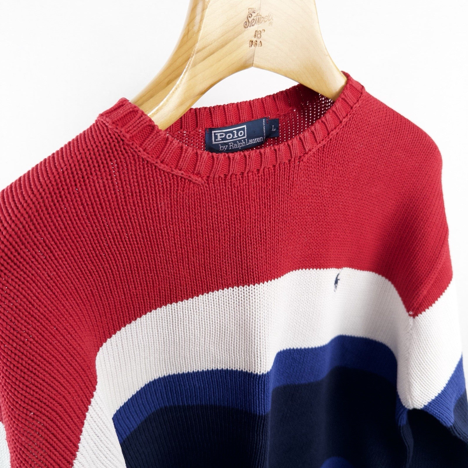 90’s Vtg Polo Ralph Lauren Red White Blue Striped Knitted Sweater Men’s L *Read