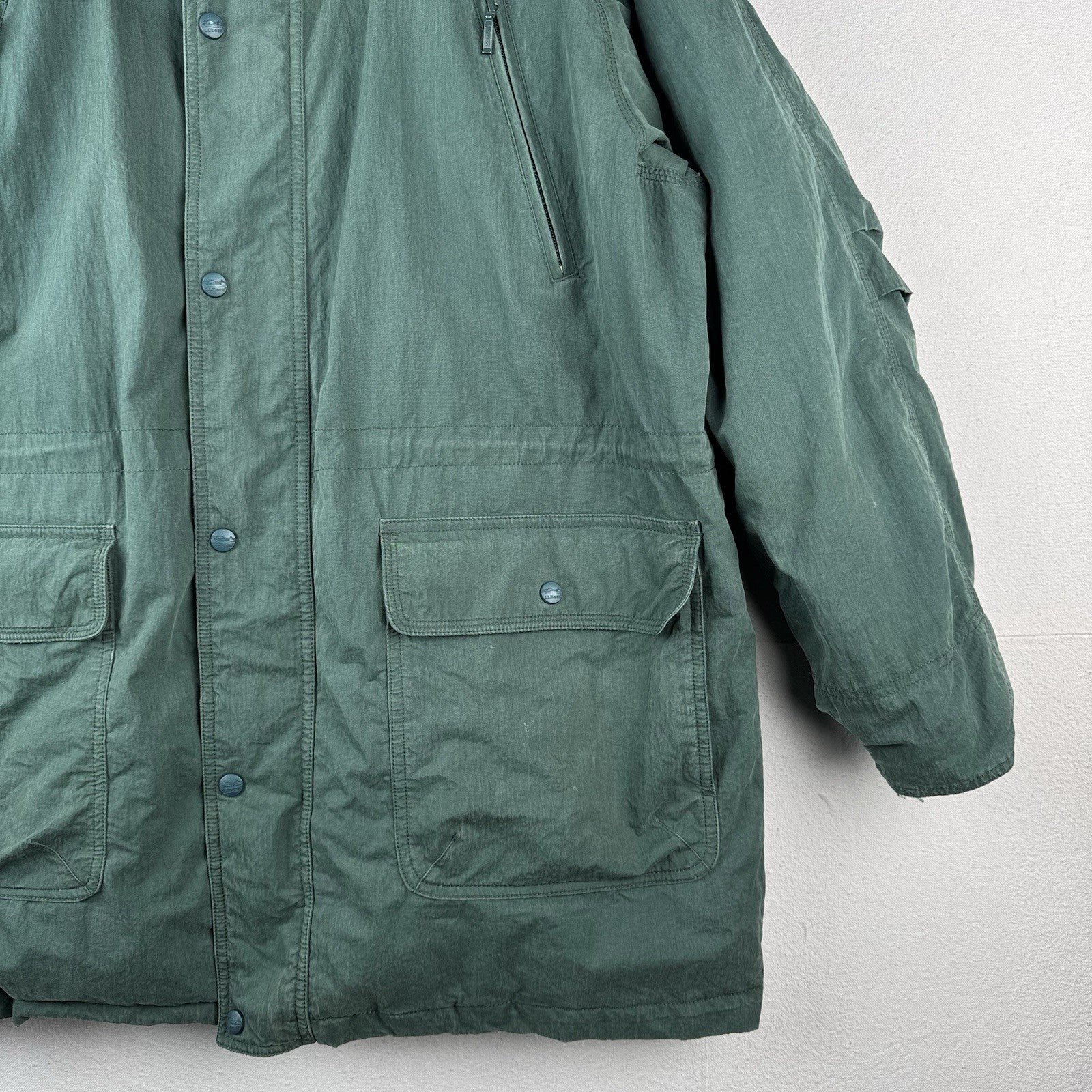90’s Vtg L.L. Bean Men’s L Goose Down Faux Fur Hooded Parka Puffer Jacket Green