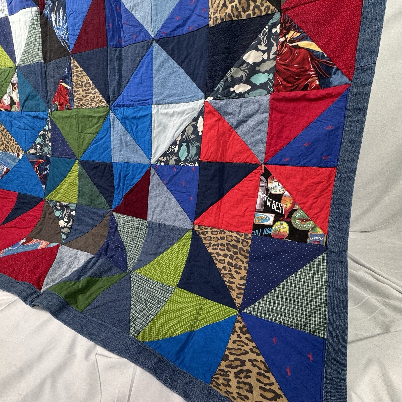 Handmade Square Patchwork Quilt Denim Edging Polo Pony Nautical 65”x65”
