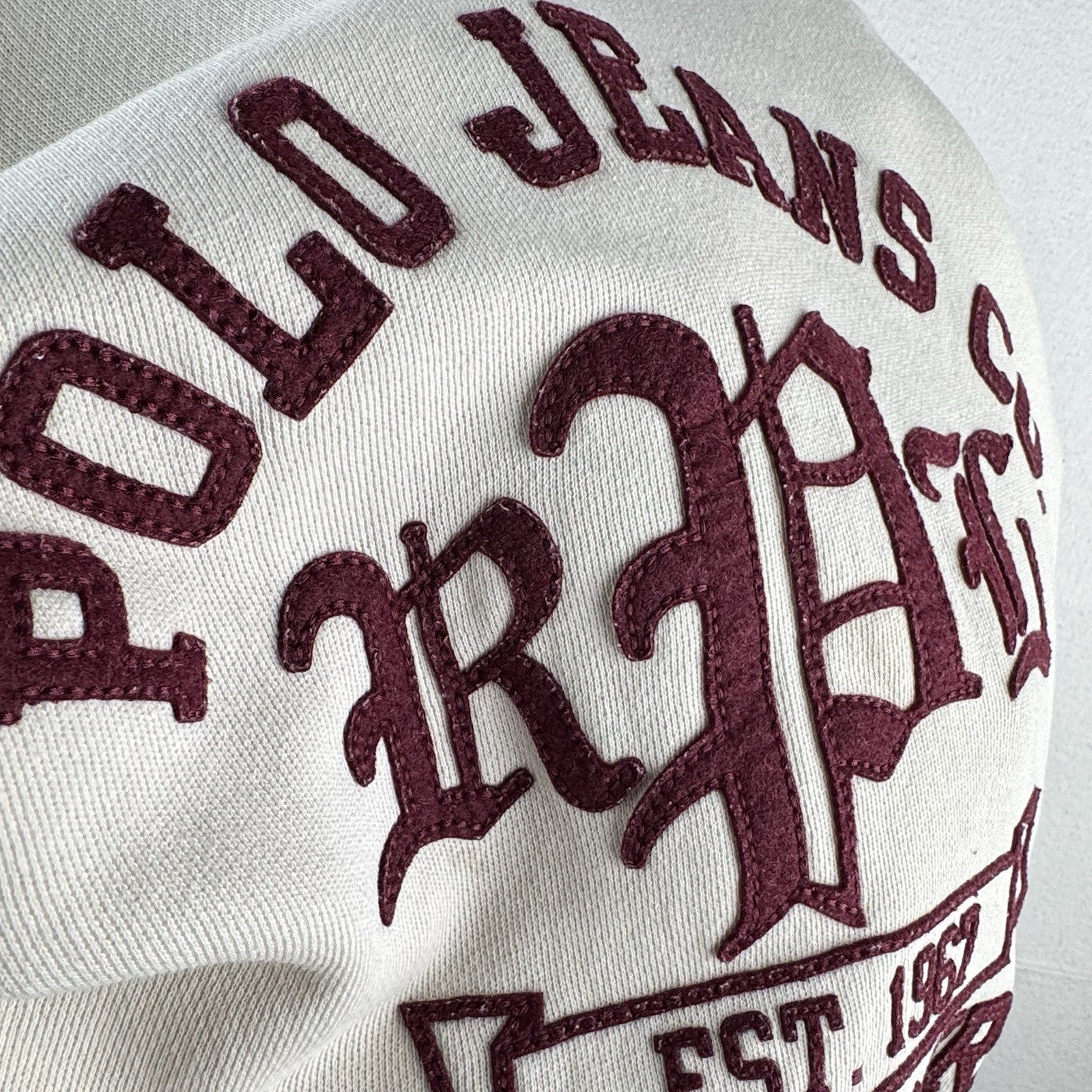 Vtg Polo Jeans Co Ralph Lauren Applique Cream Maroon Men’s Large Cropped to 17”
