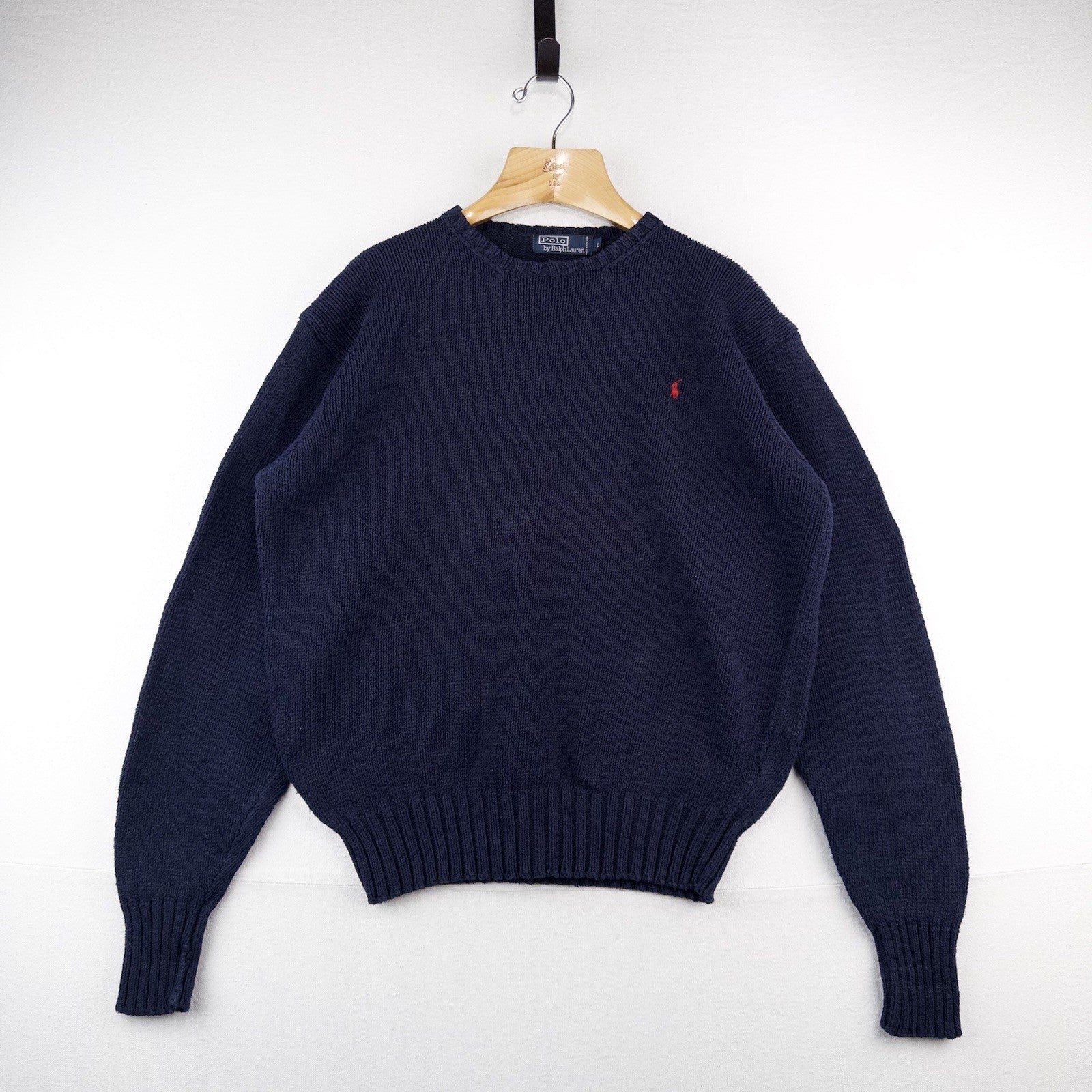 90's Vintage Polo Ralph Lauren Sweater Men's L Navy Blue Crewneck 100% Cotton