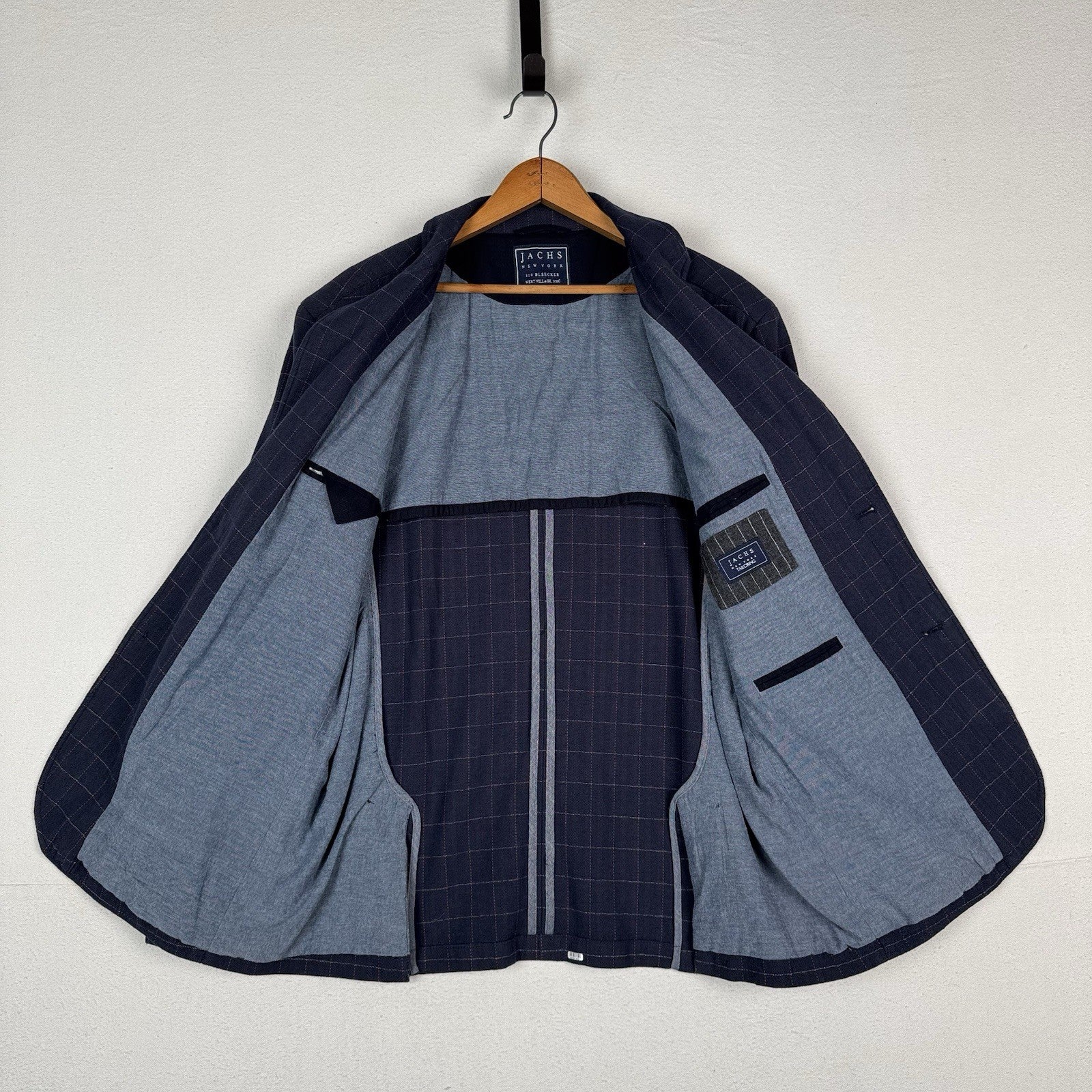 Jachs New York Blazer Mens Large Navy Windowpane Stretch Sport Coat 2-Button