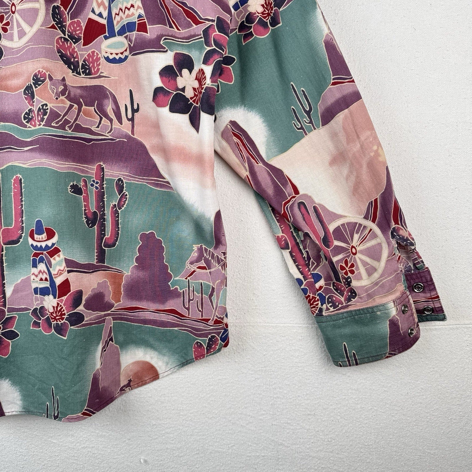 Vintage Southwestern Desert Cowboy Cactus Pearl Snap Shirt Purple Green XL 46”