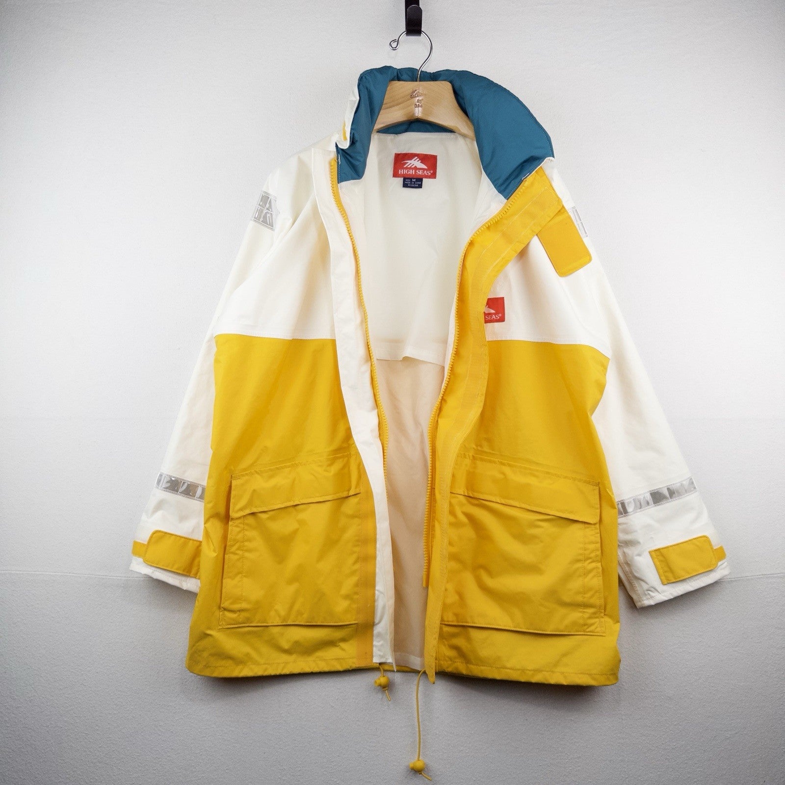 80’s Vtg High Seas Foul Weather Sailing Jacket Hooded Yellow White Men’s M