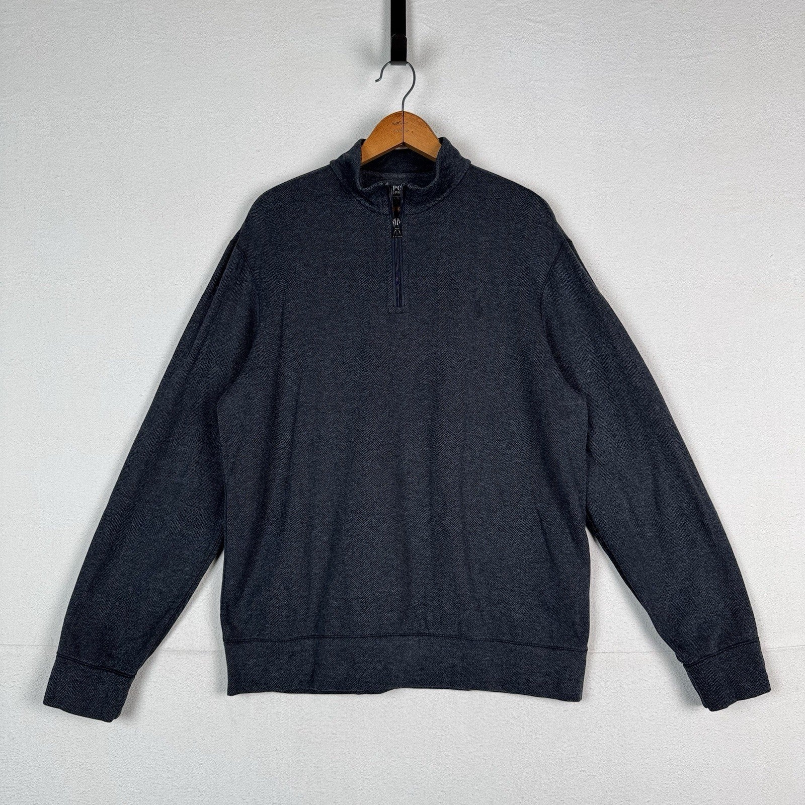 Polo Ralph Lauren 1/4 Zip Soft Sweater Mens L Black Herringbone Cotton Blend