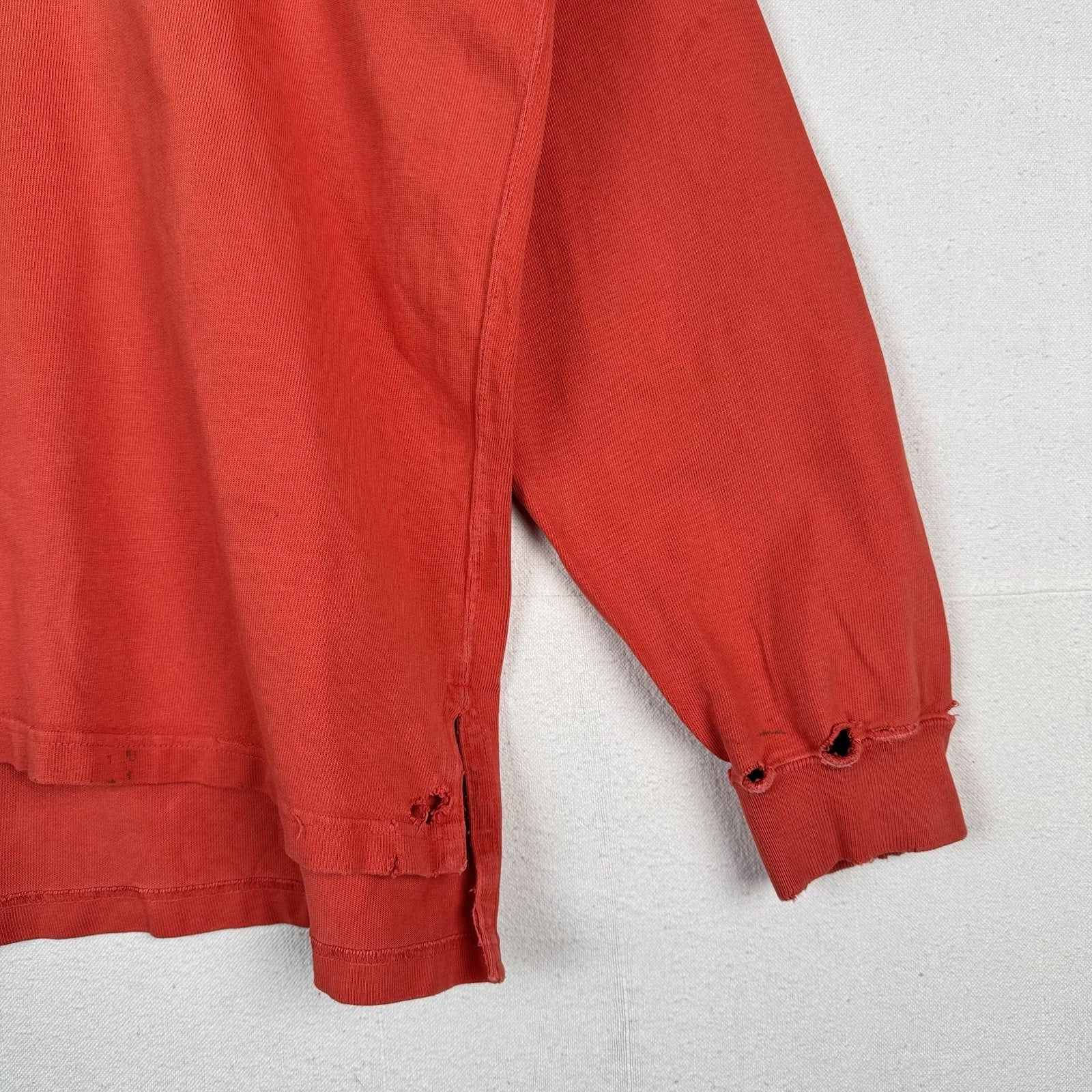 90’s Vtg Polo Ralph Lauren Rugby Shirt Mens L Orange Quilted Elbows *Distressed