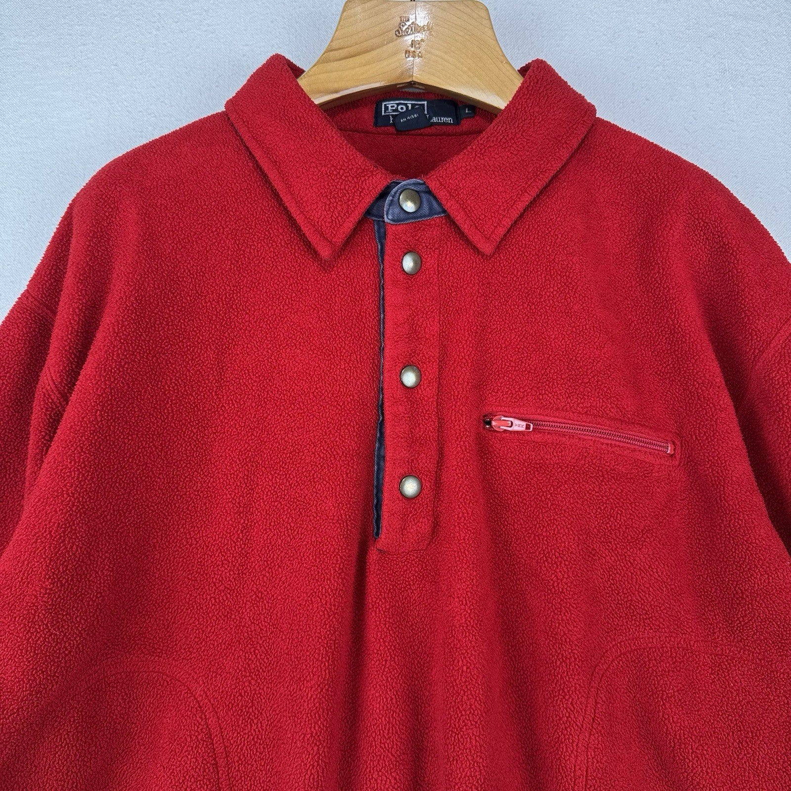 90’s Vtg Polo Ralph Lauren Fleece Polo Pullover Men’s Large Red Made USA