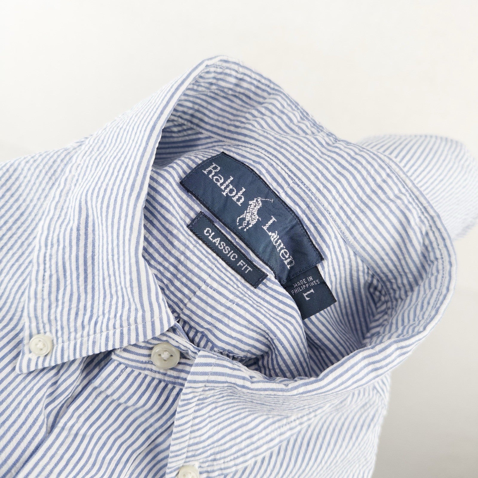 90’s Ralph Lauren Seersucker Short Sleeve Shirt Men's L Blue White Classic Fit