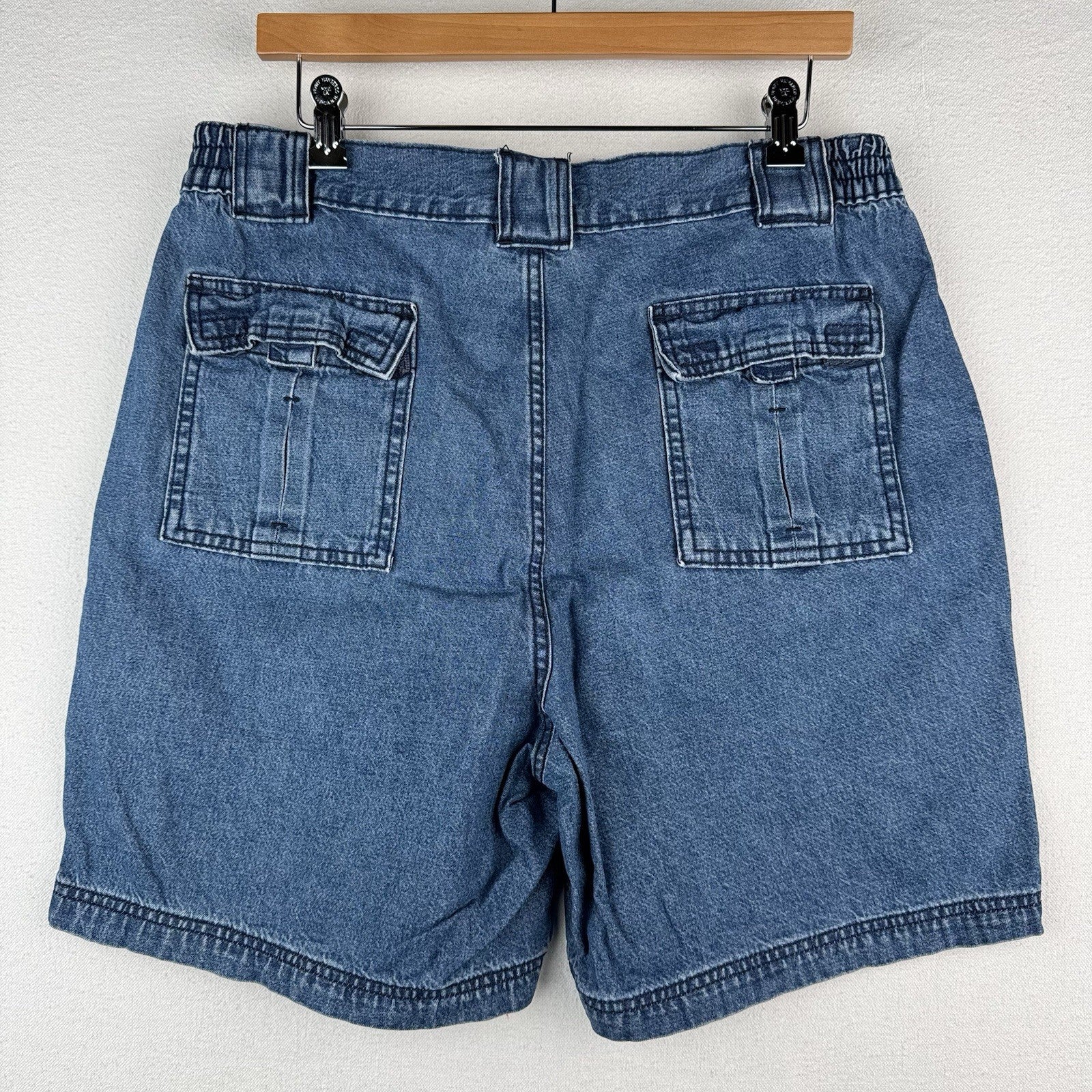 Vtg St. John's Bay Denim Cargo Safari Pocket Shorts Mens 34x6 Blue Elastic Waist