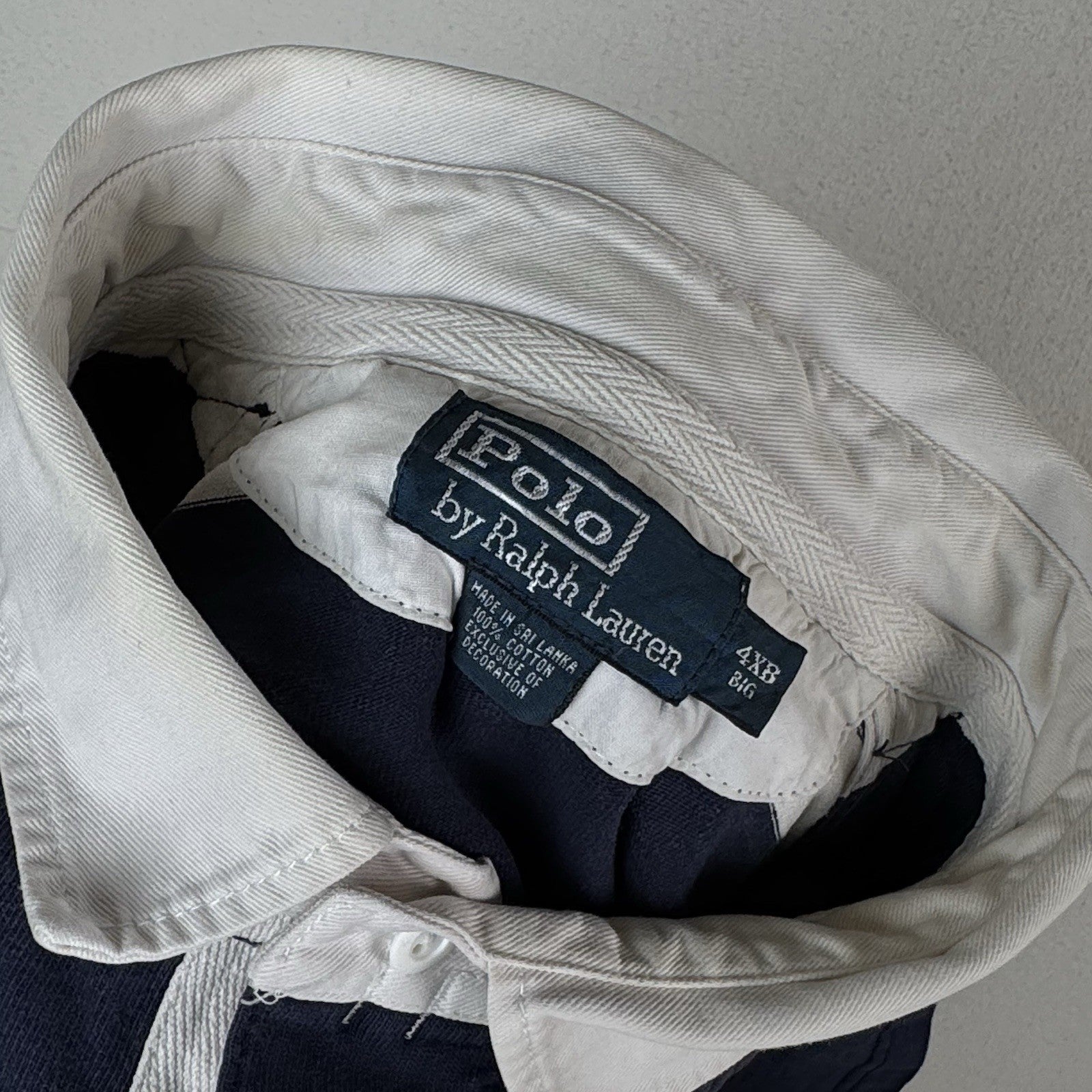 Polo Ralph Lauren Rugby Shirt 4XLB Blue White Quilted Elbow Patch *No Cuffs
