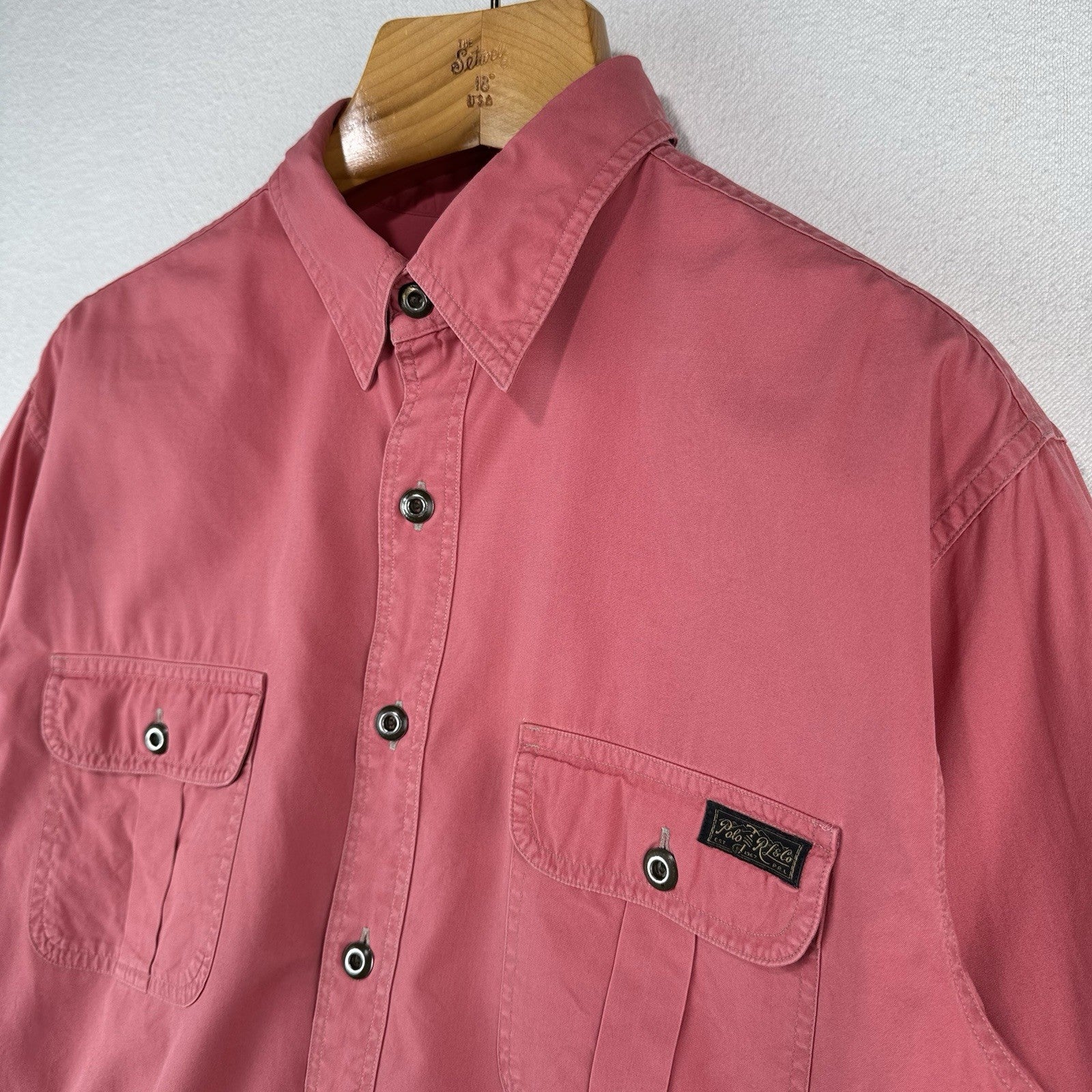 90’s Vtg Polo Ralph Lauren Men’s XL Military Safari Shirt Button Up Salmon Pink