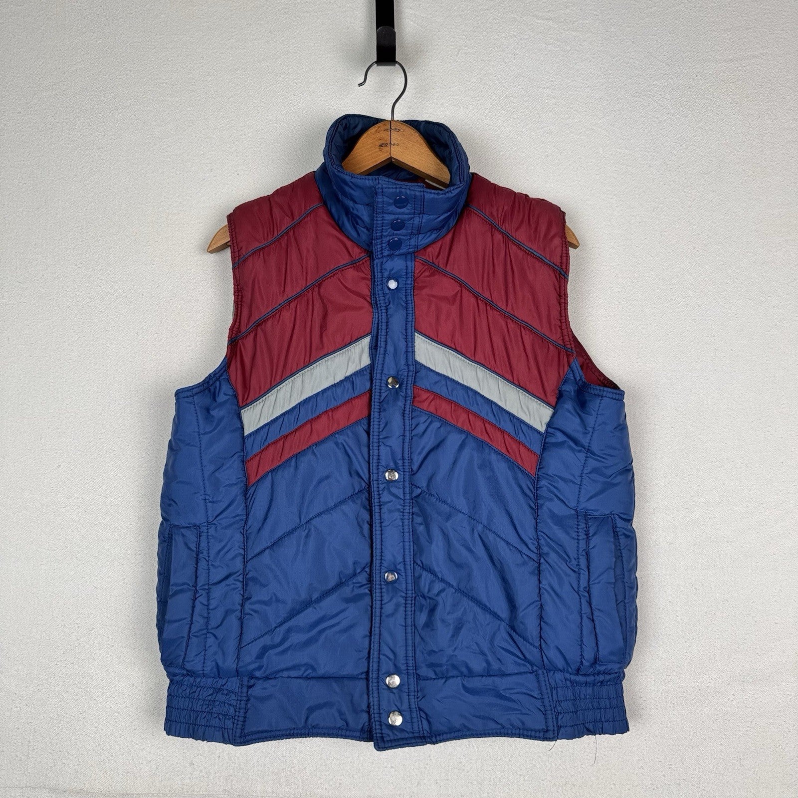 Vtg 70-80s Alpine Ski Puffer Vest Mens M Gray Blue Red Color Block Snap Front