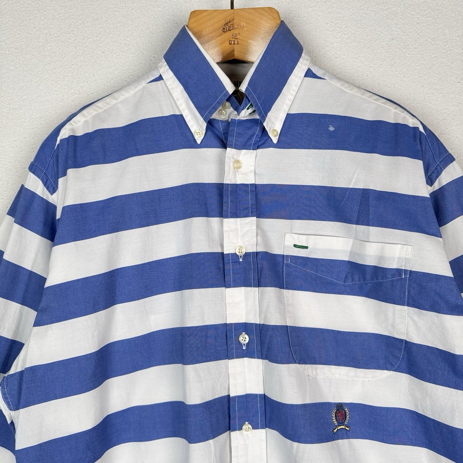 Vintage Tommy Hilfiger Mens M Button Down Shirt Blue White Striped Crest Logo