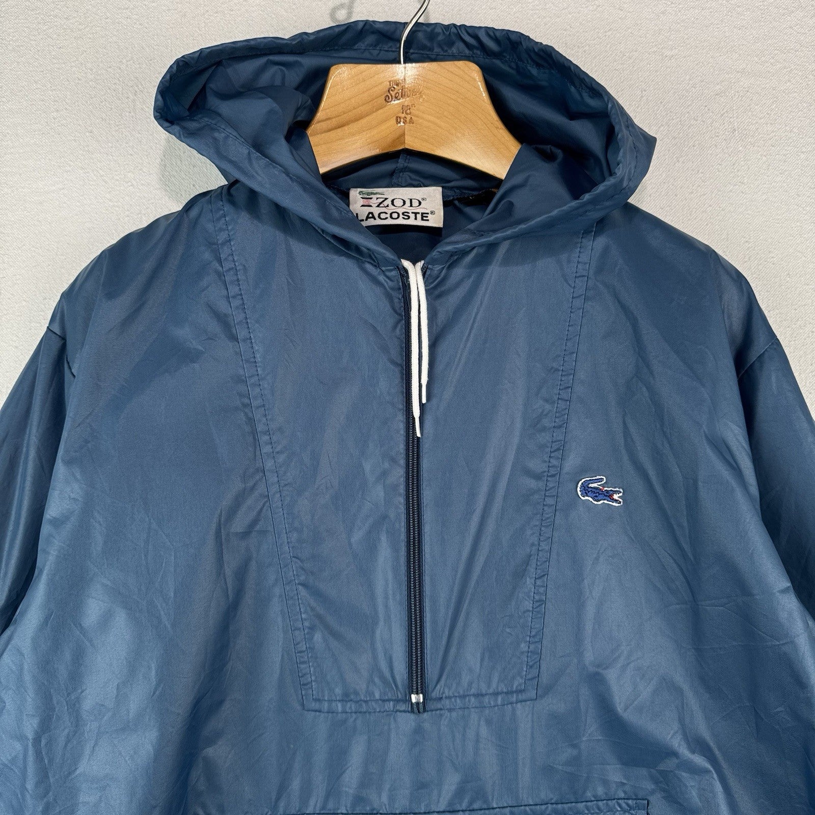 70’s Vtg Lacoste Izod Packable Windbreaker Men's L Kangaroo Pouch 1/4 Zip Blue