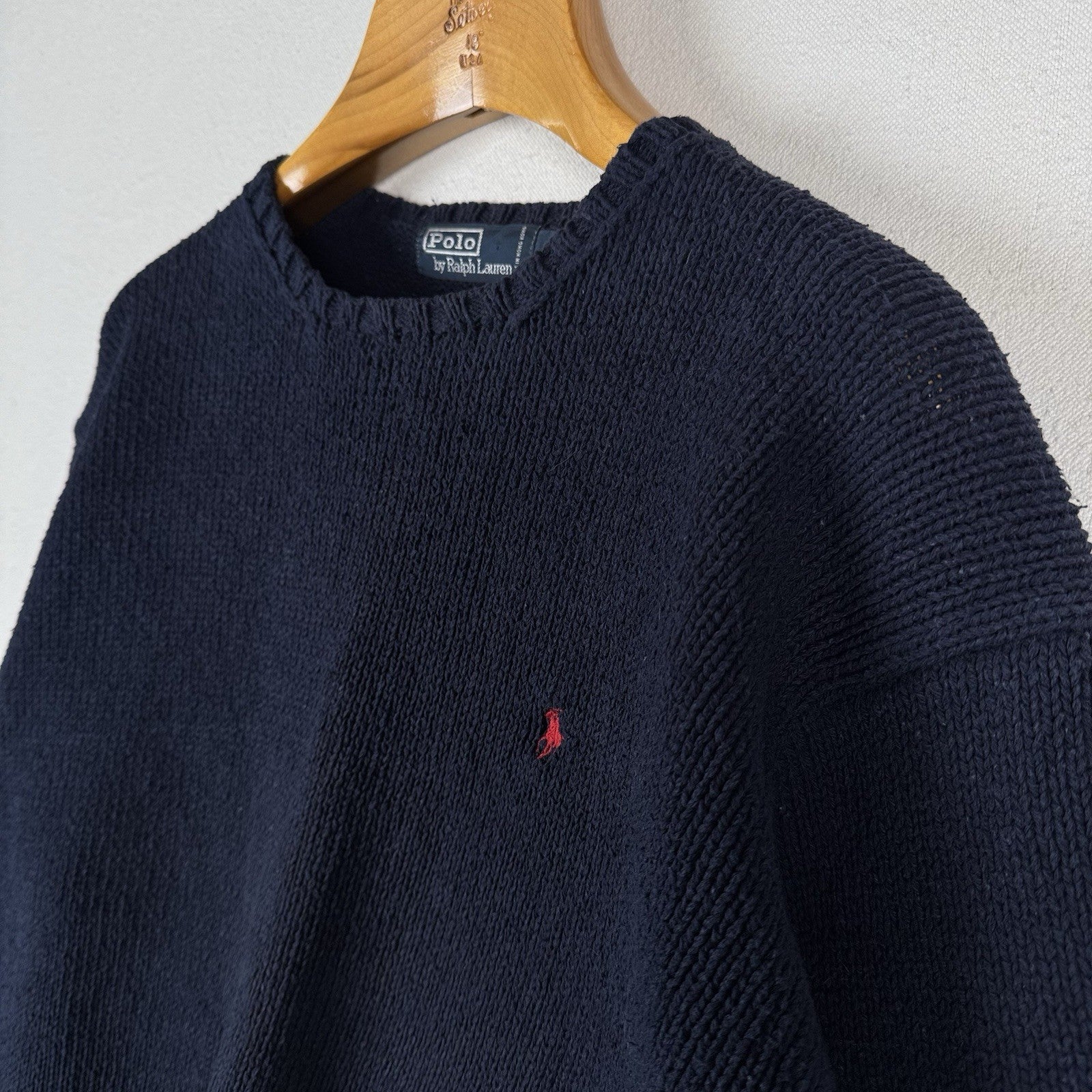 90’s Vintage Polo Ralph Lauren Sweater Men L Navy Blue Knit Pullover Red Logo