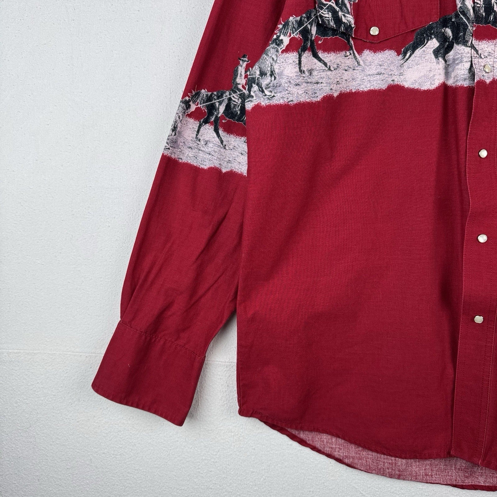 Vtg Wrangler Western Cowboy Print Graphic Pearl Snap Button Shirt Horses XL 46”