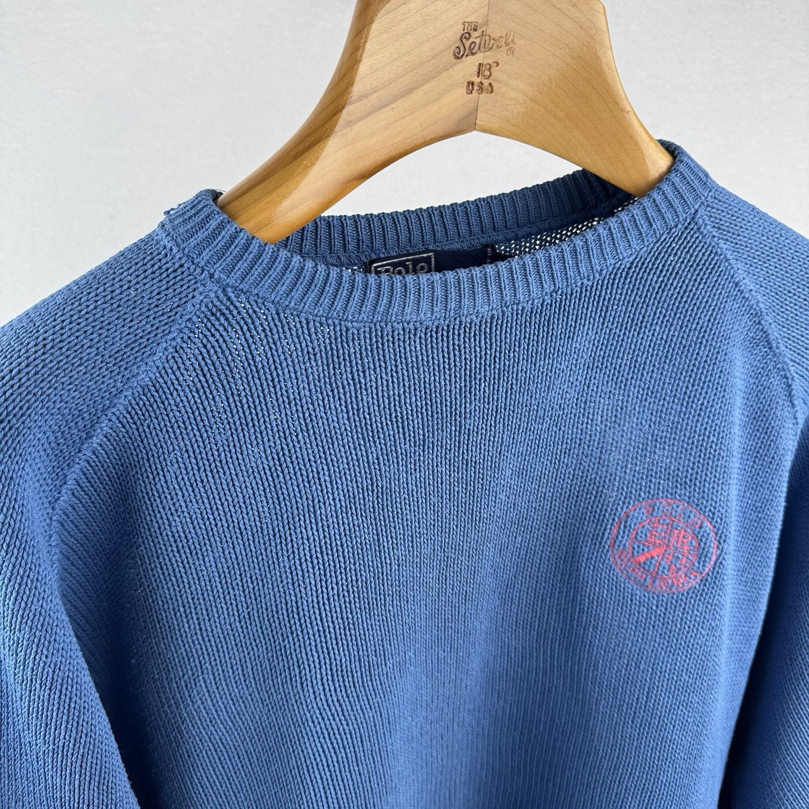 90s Vtg Polo Ralph Lauren Men’s L Cookie Sweater Patch Embroidered Raglan Blue