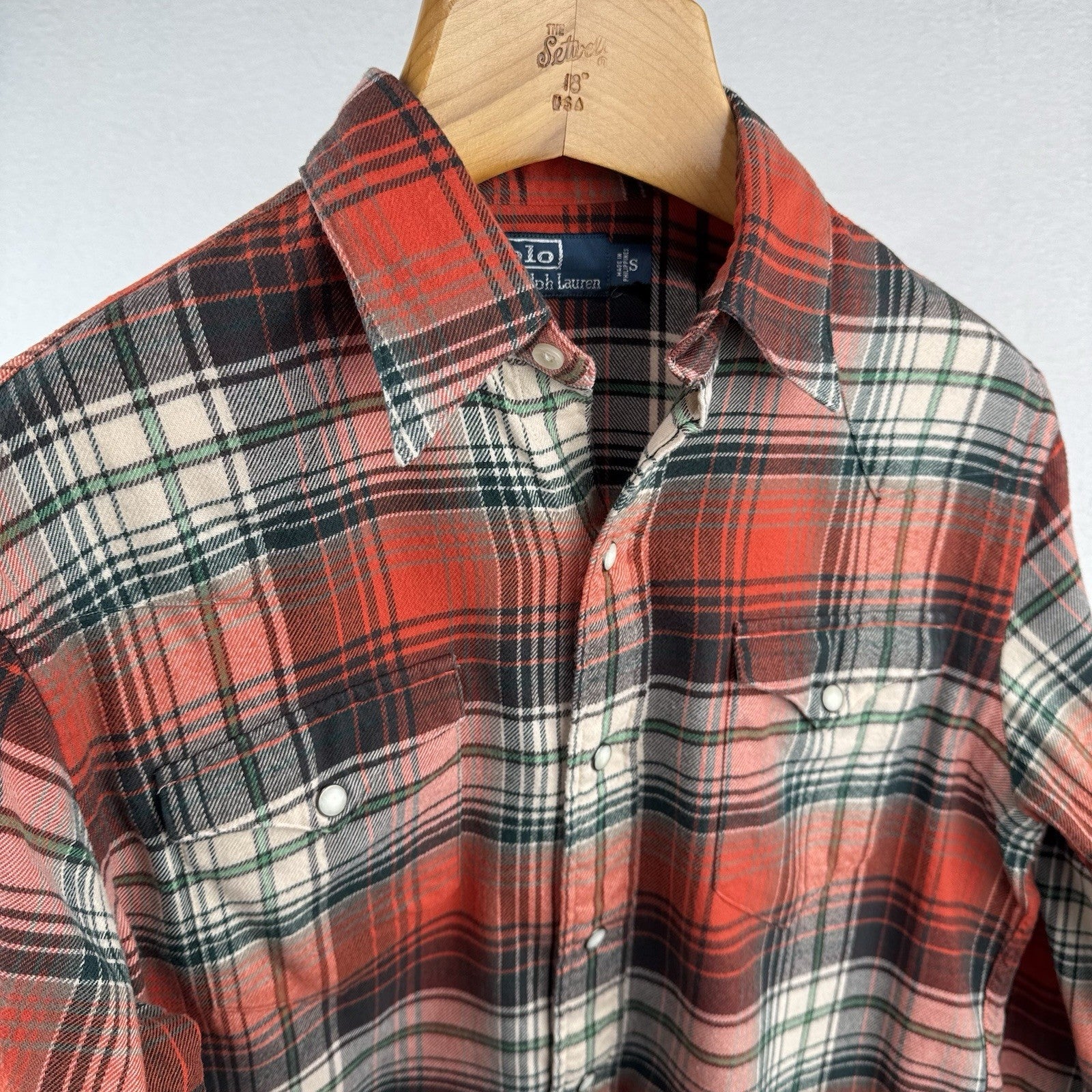 Vtg Polo Ralph Lauren Western Pearl Snap Mens S Brushed Flannel Shirt Plaid