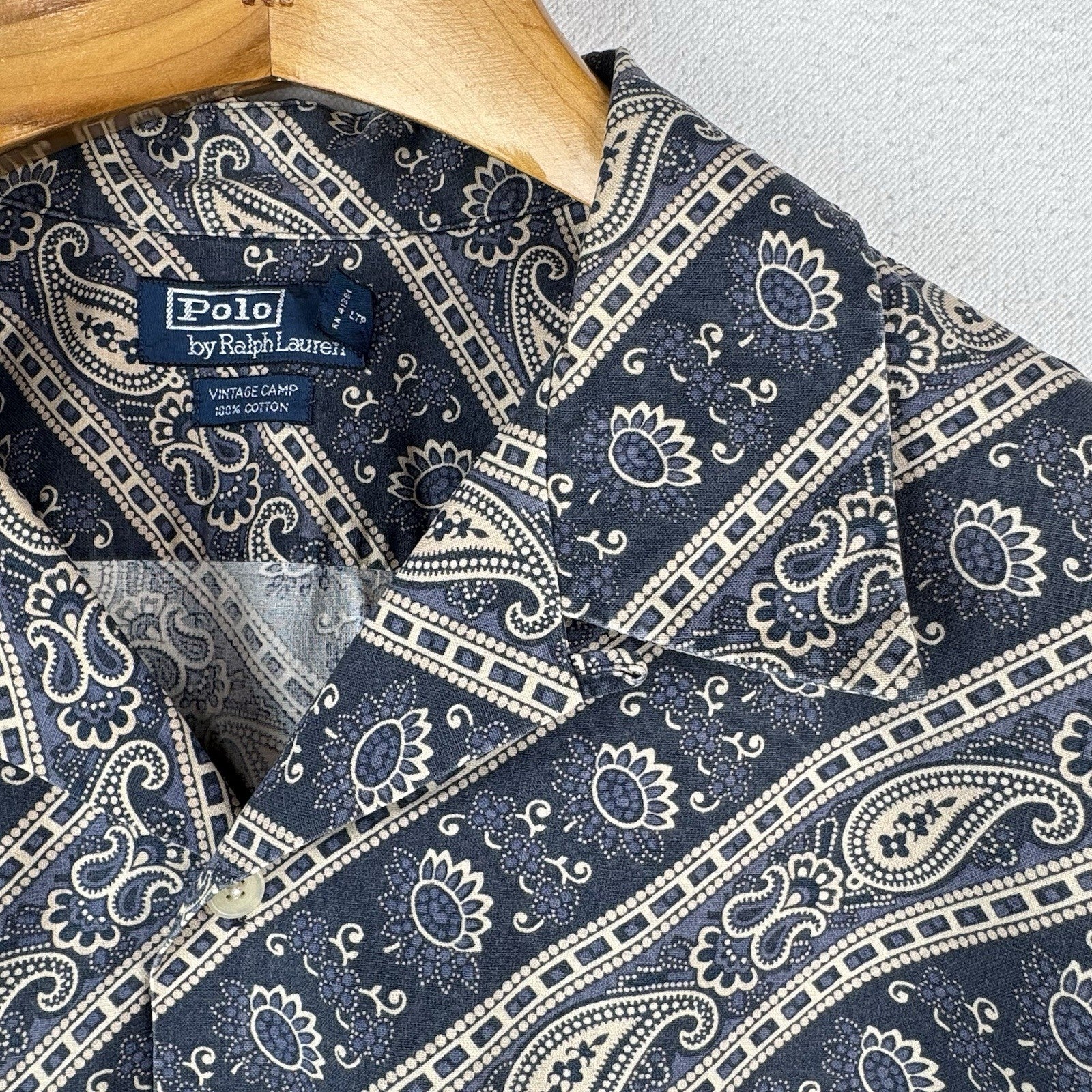 90s Vintage Polo Ralph Lauren Loop Collar Camp Shirt Blue Bandana Paisley