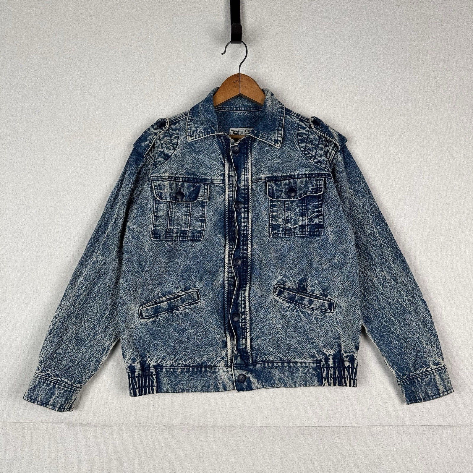 Vintage 80’s Chai Denim Jacket Unisex Medium Acid Wash Quilted Shoulders Straps