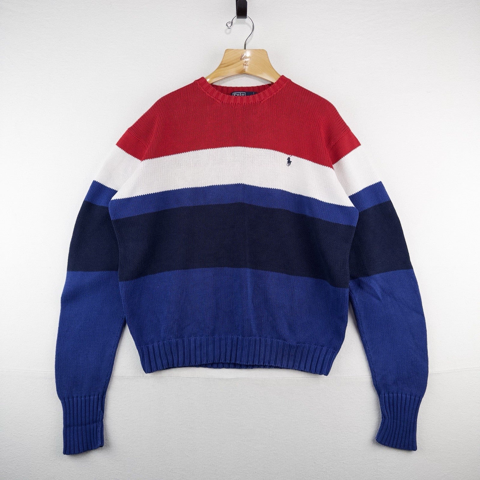 90’s Vtg Polo Ralph Lauren Red White Blue Striped Knitted Sweater Men’s L *Read