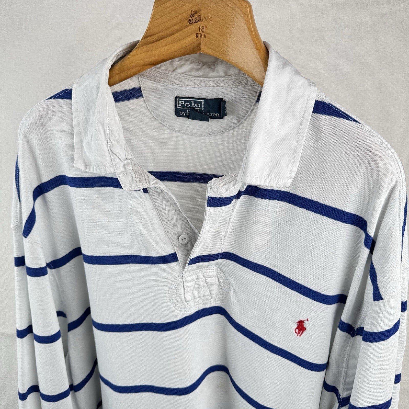 90’s Vtg Polo Ralph Lauren Rugby Shirt Mens 3XLT White Blue Stripe Lightweight