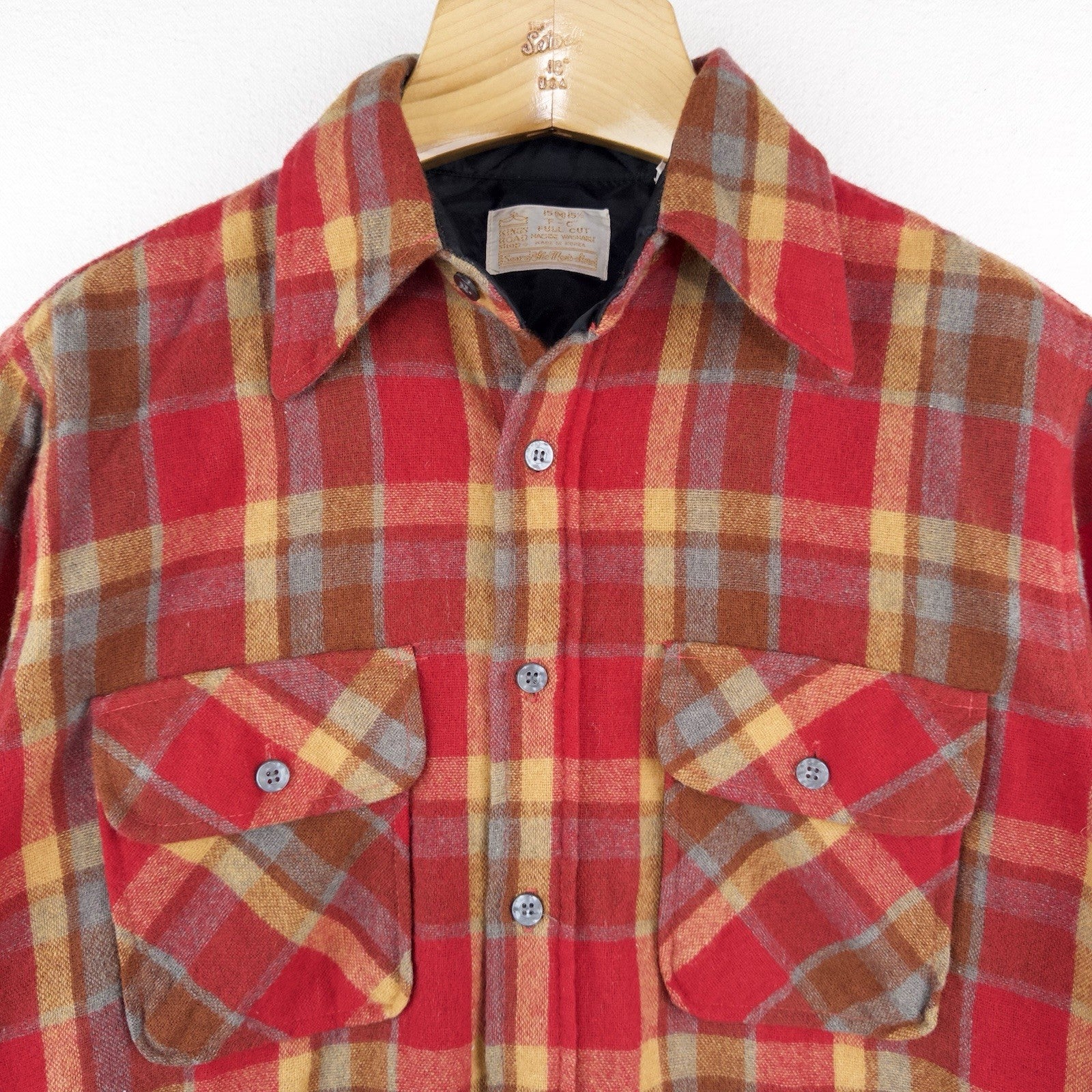 60’s Vtg Kings Road Sears Men’s M Full Cut Flannel Shirt Wool Red Yellow Plaid