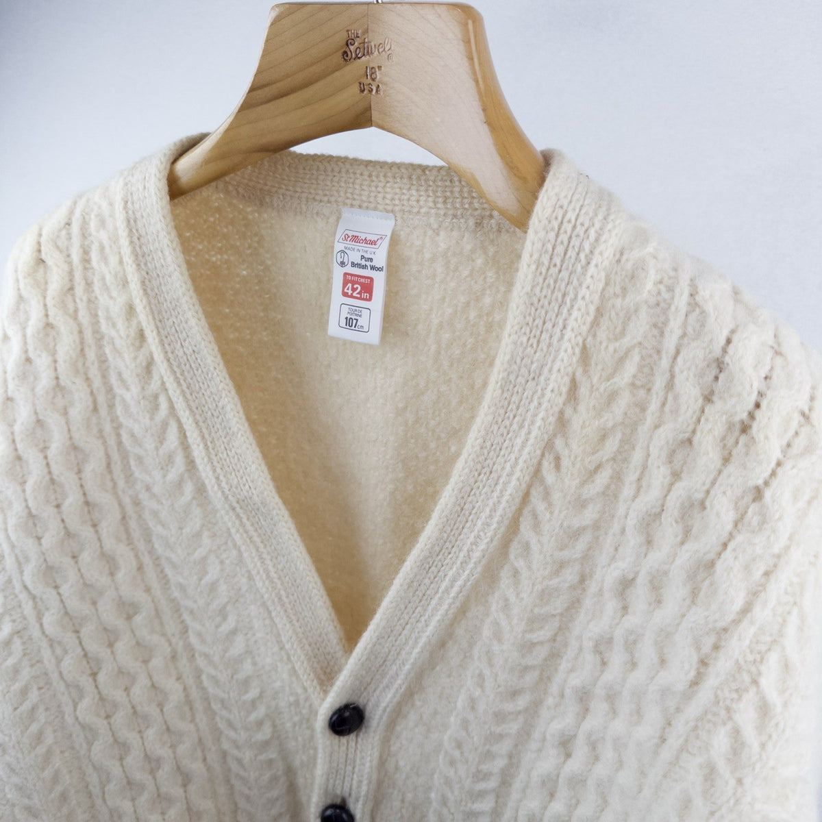 70’s Vtg St Michael Aran Chunky Knit Cardigan Fisherman Wool Cream L *Distressed