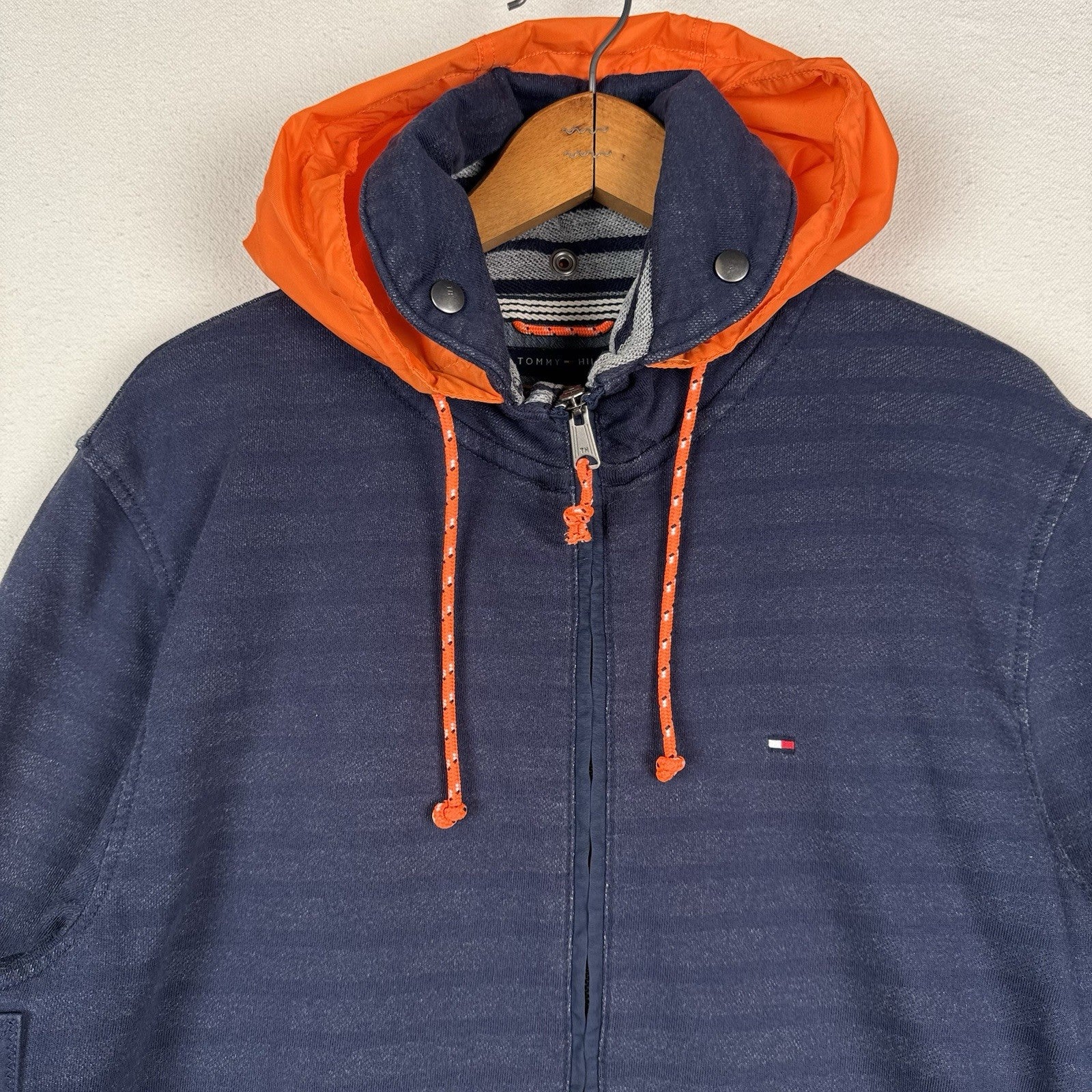 Tommy Hilfiger Navy Orange Women's Large Cotton Jacket Stowaway Hood