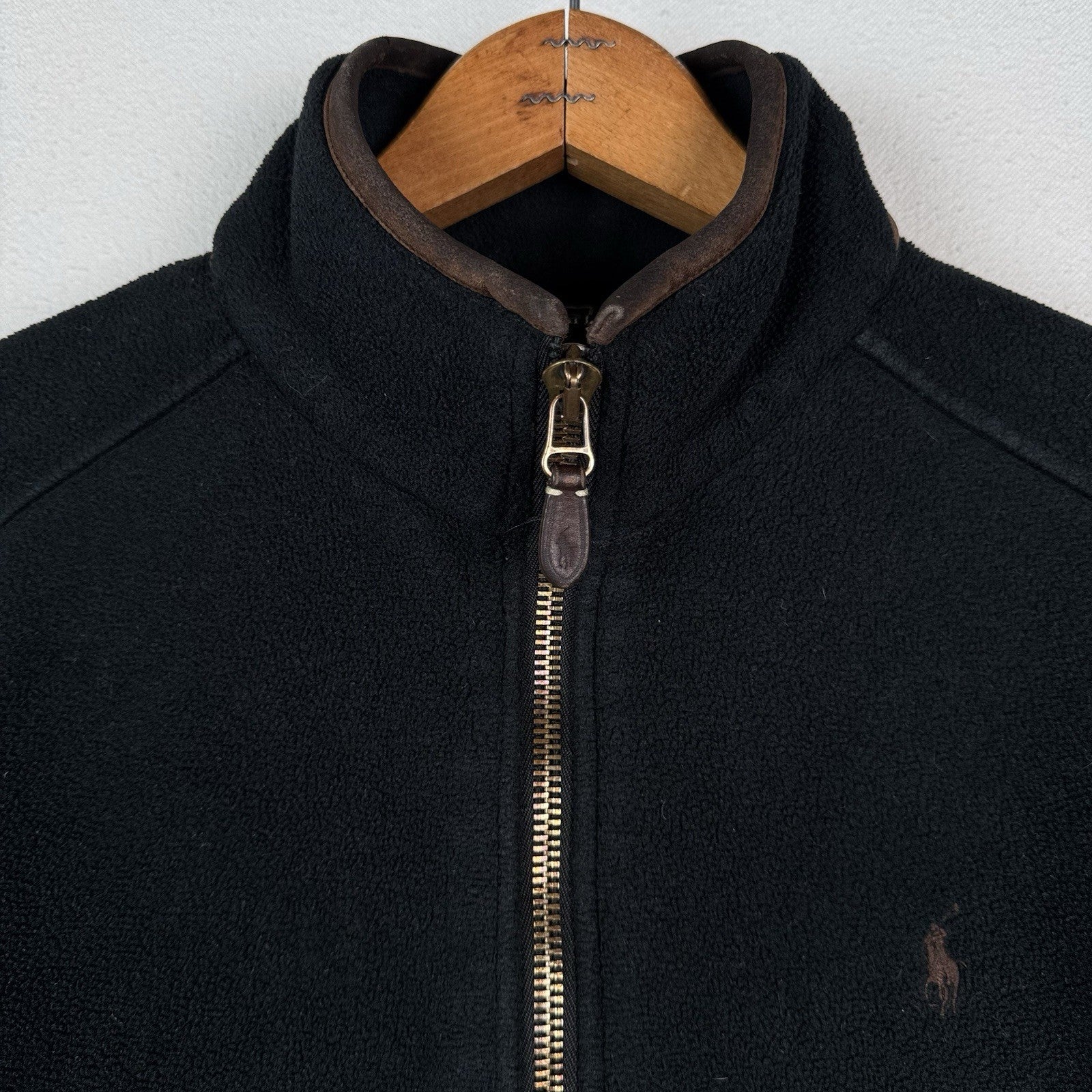 Vintage Polo Ralph Lauren Fleece Leather Trim Men’s Black L Jacket Distressed*