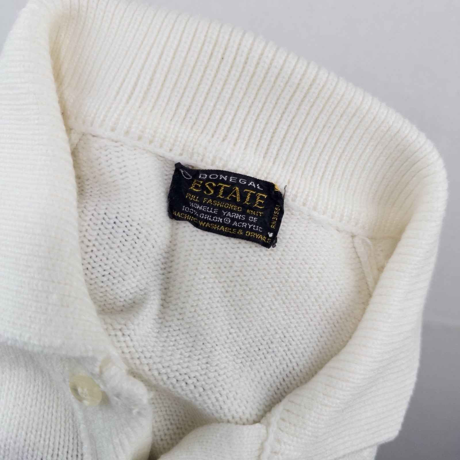 60’s Vtg Donegal Estate Mens L Orlon Acrylic Knit Polo Sweater Loop Collar Cream