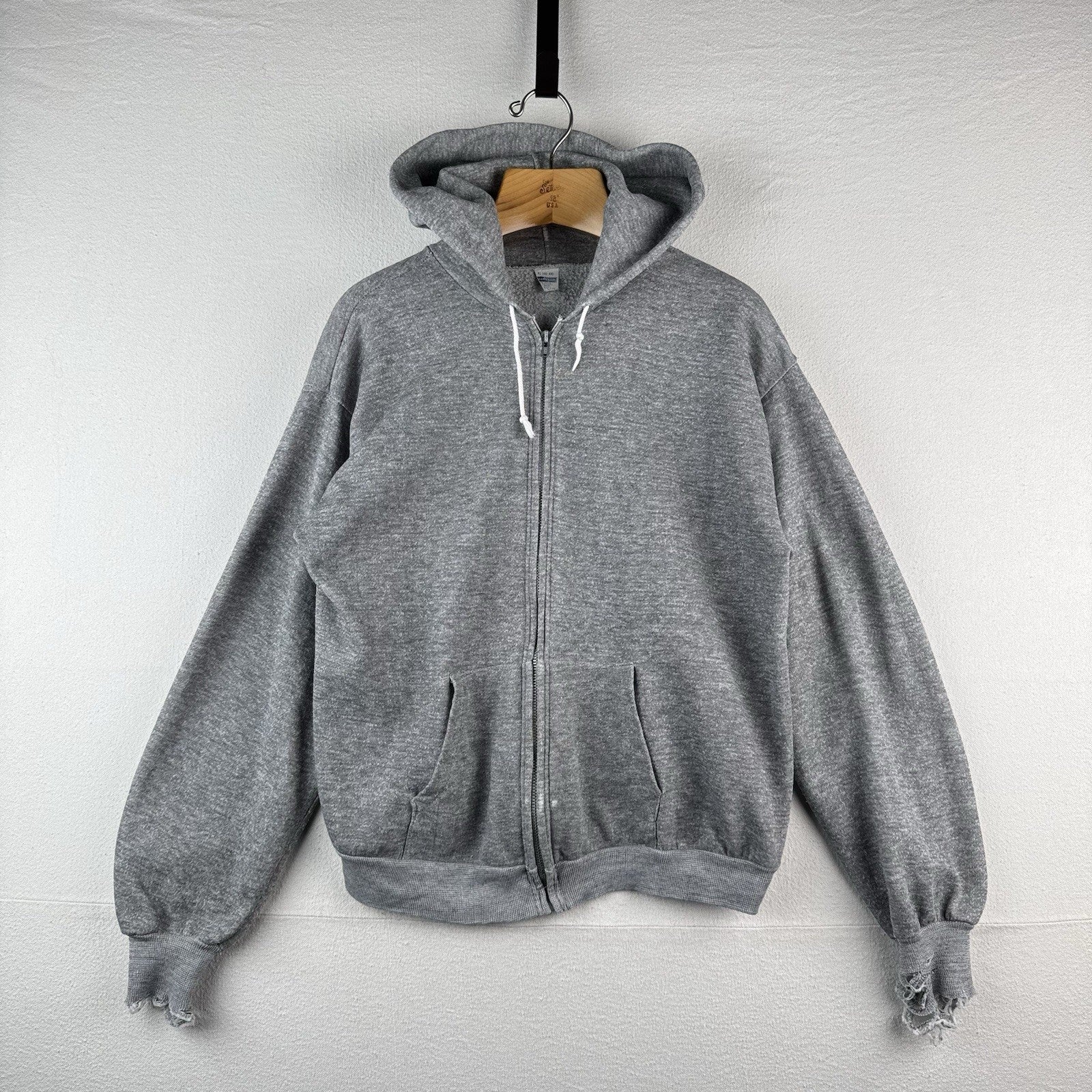 70’s Vintage Heather Gray Mens XL 46-48 Full Zip Hoodie Made In USA *Distressed
