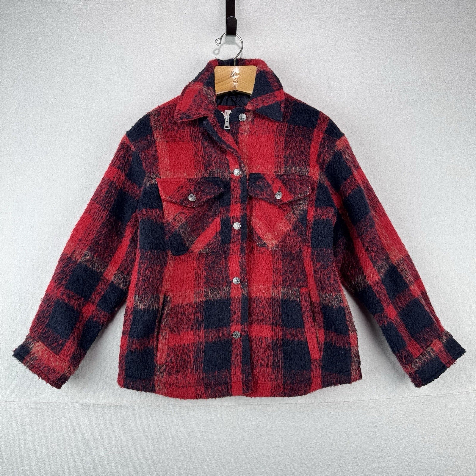 Levi’s Trucker Jacket Buffalo Plaid Zipper Button Wool Blend Red Women’s XS