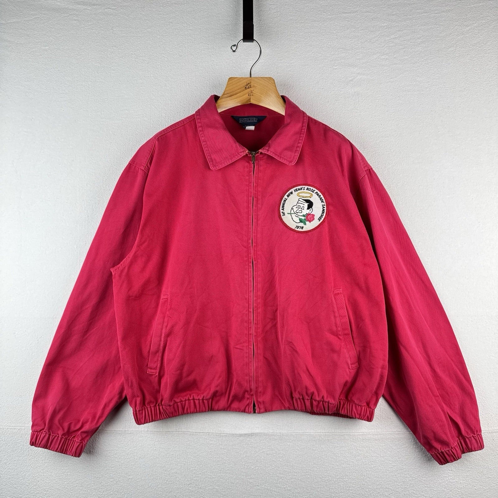 Vtg Lands End Harrington Jacket Faded Pink Red Boxy ‘78 Rose Parade Patch Large