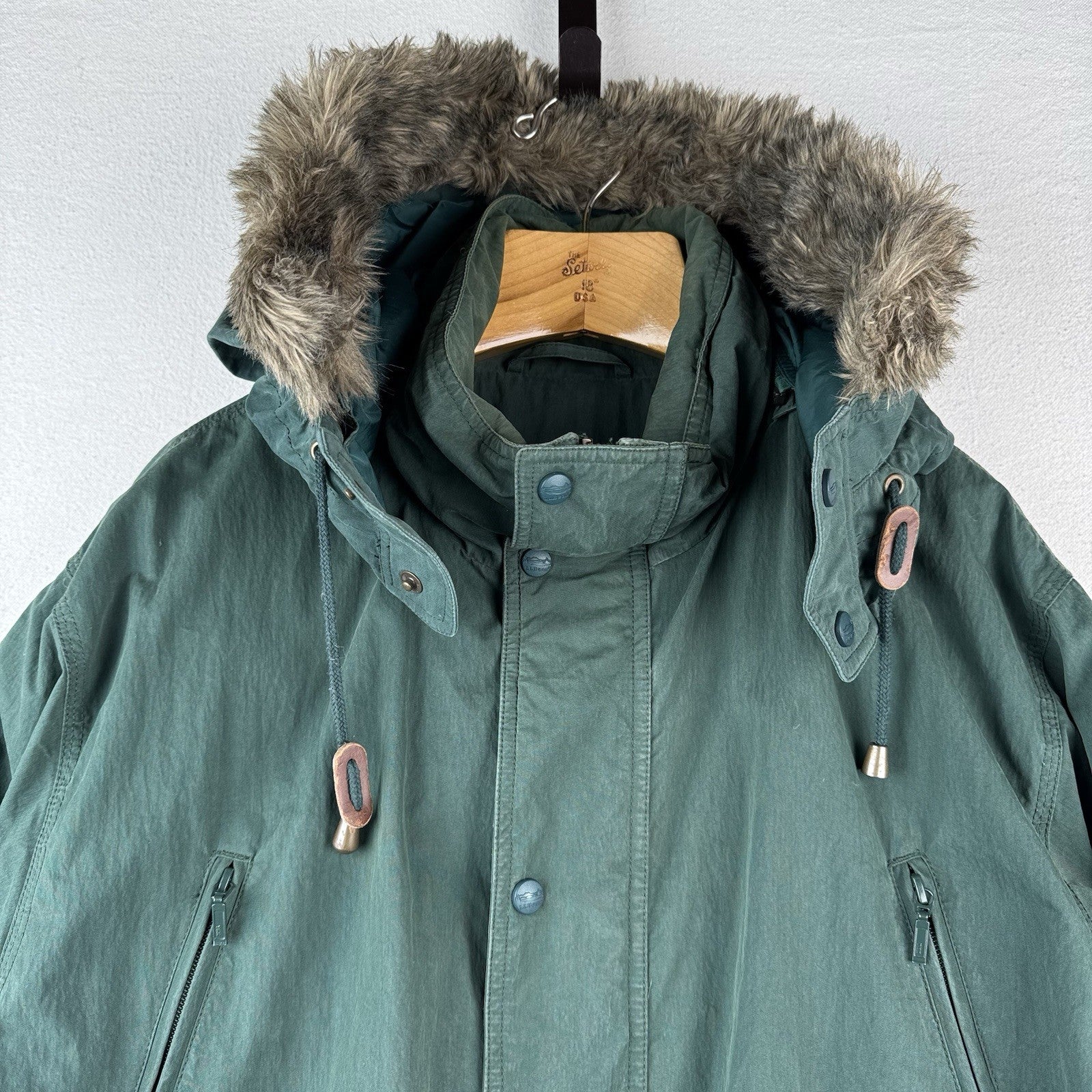 90’s Vtg L.L. Bean Men’s L Goose Down Faux Fur Hooded Parka Puffer Jacket Green