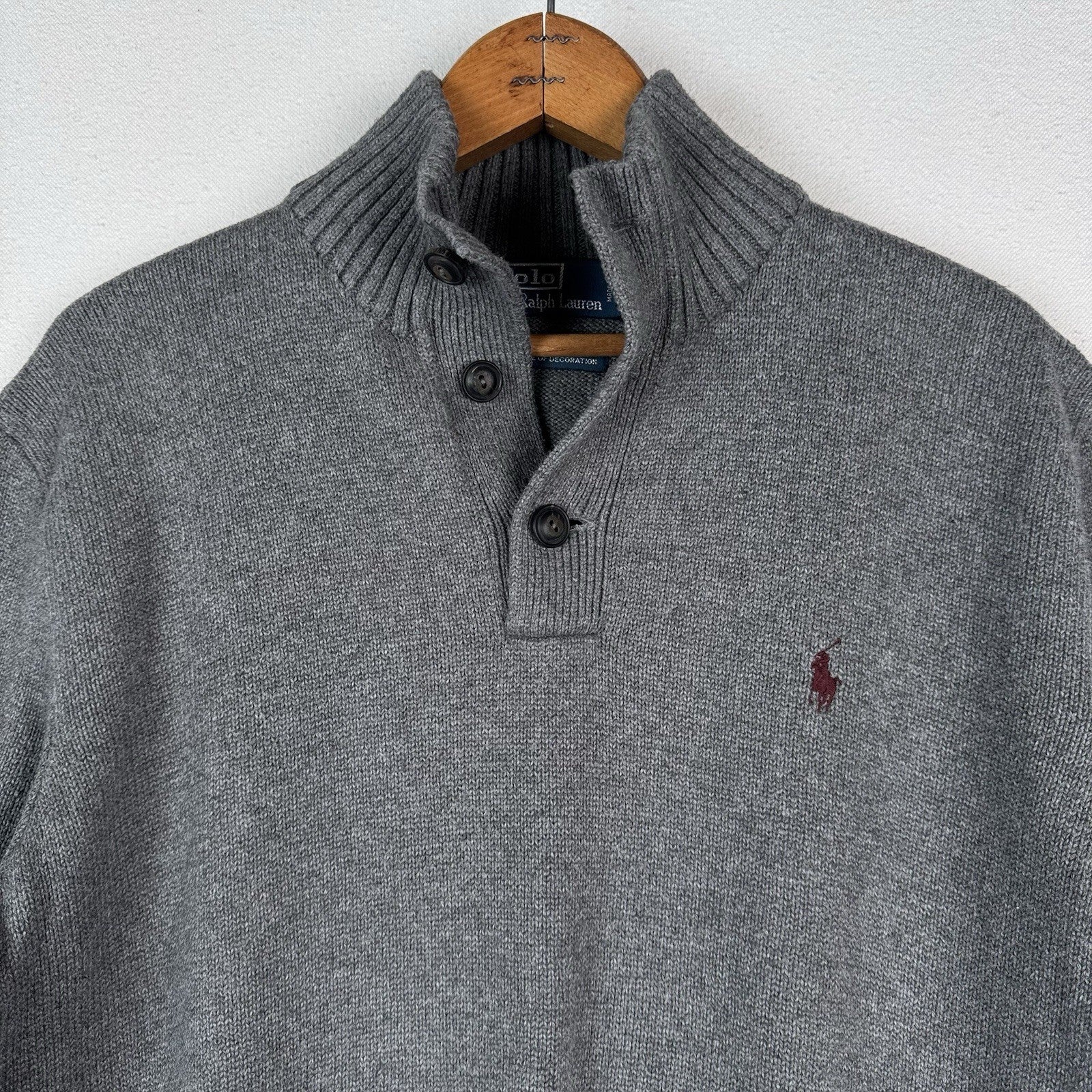 Vintage Polo Ralph Lauren 1/4 Button Neck Sweater Men’s L Gray Cotton Pullover