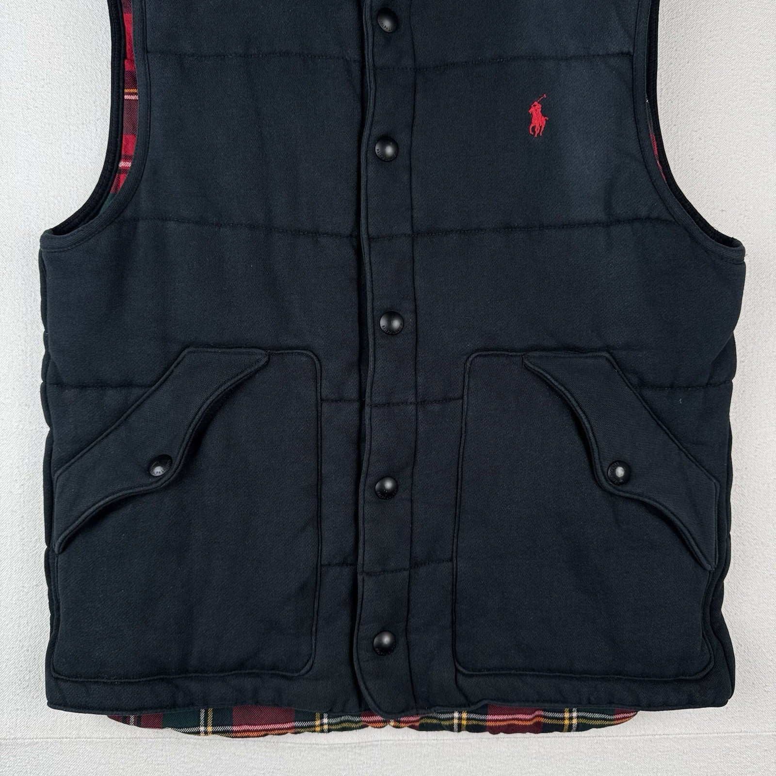 Vtg Polo Ralph Lauren Men M Black Quilted Puffer Vest Flannel Lining *Distressed