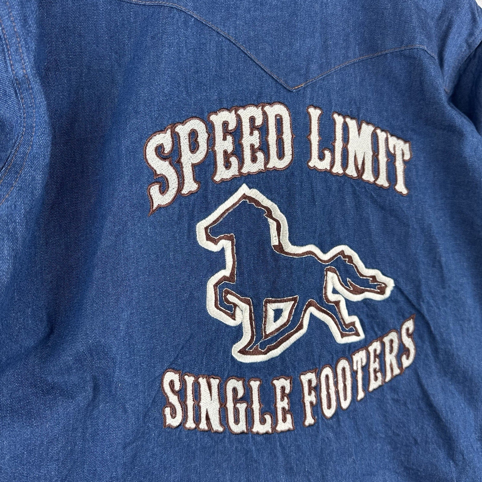 Vtg Wrangler Western Denim Pearl Snap Men’s Large Embroidered Speed Limit