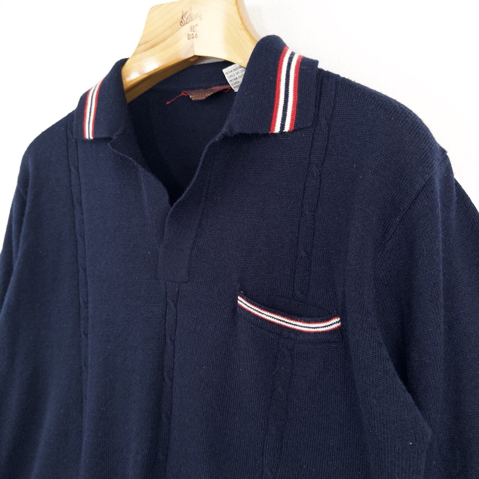 70’s Vtg Long Sleeve Knit Polo Sweater Ribbed Johnny Collar Navy Blue Men’s L
