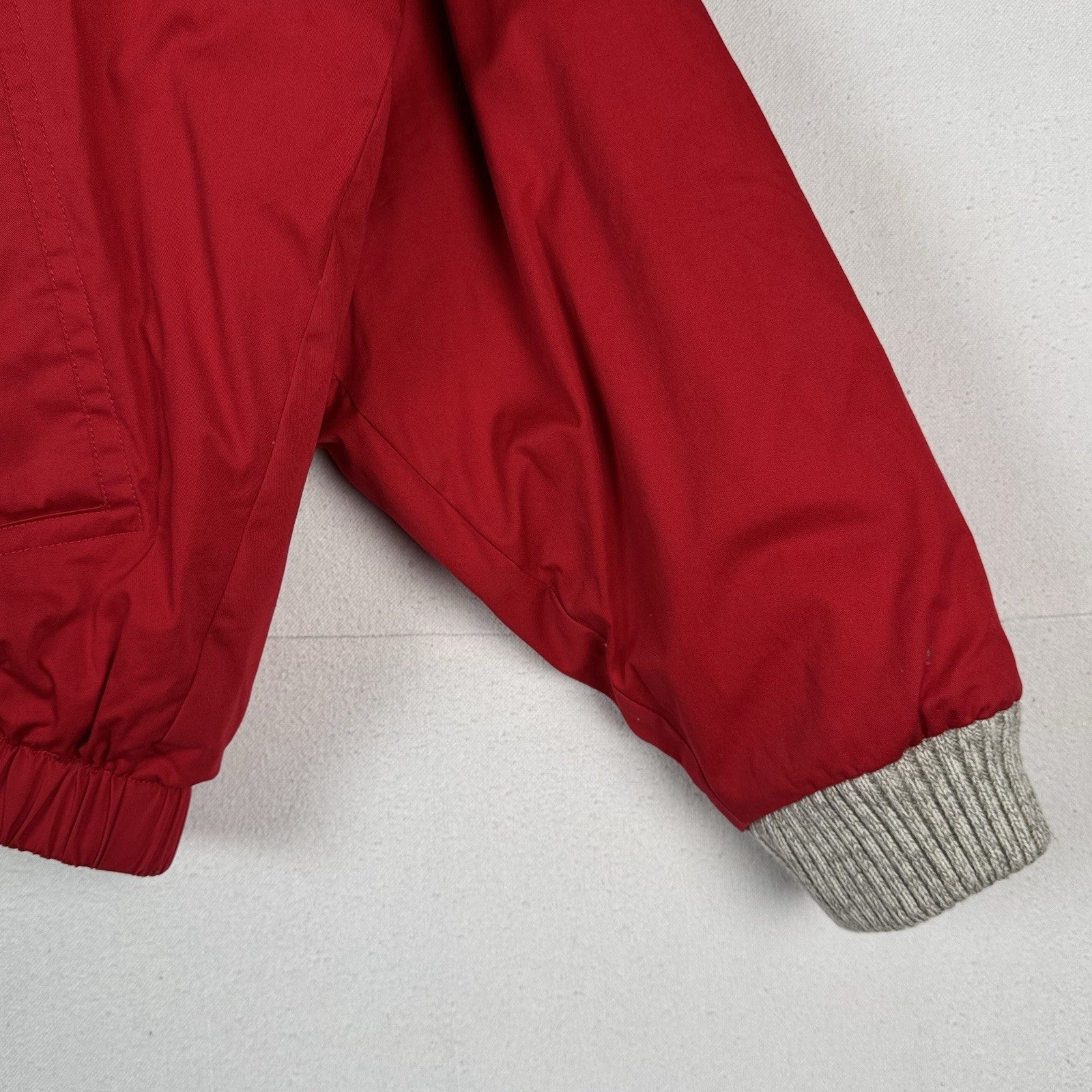 90s Nautica Mens XL Down Puffer Bomber Jacket Leather Patches Red Sweater Collar