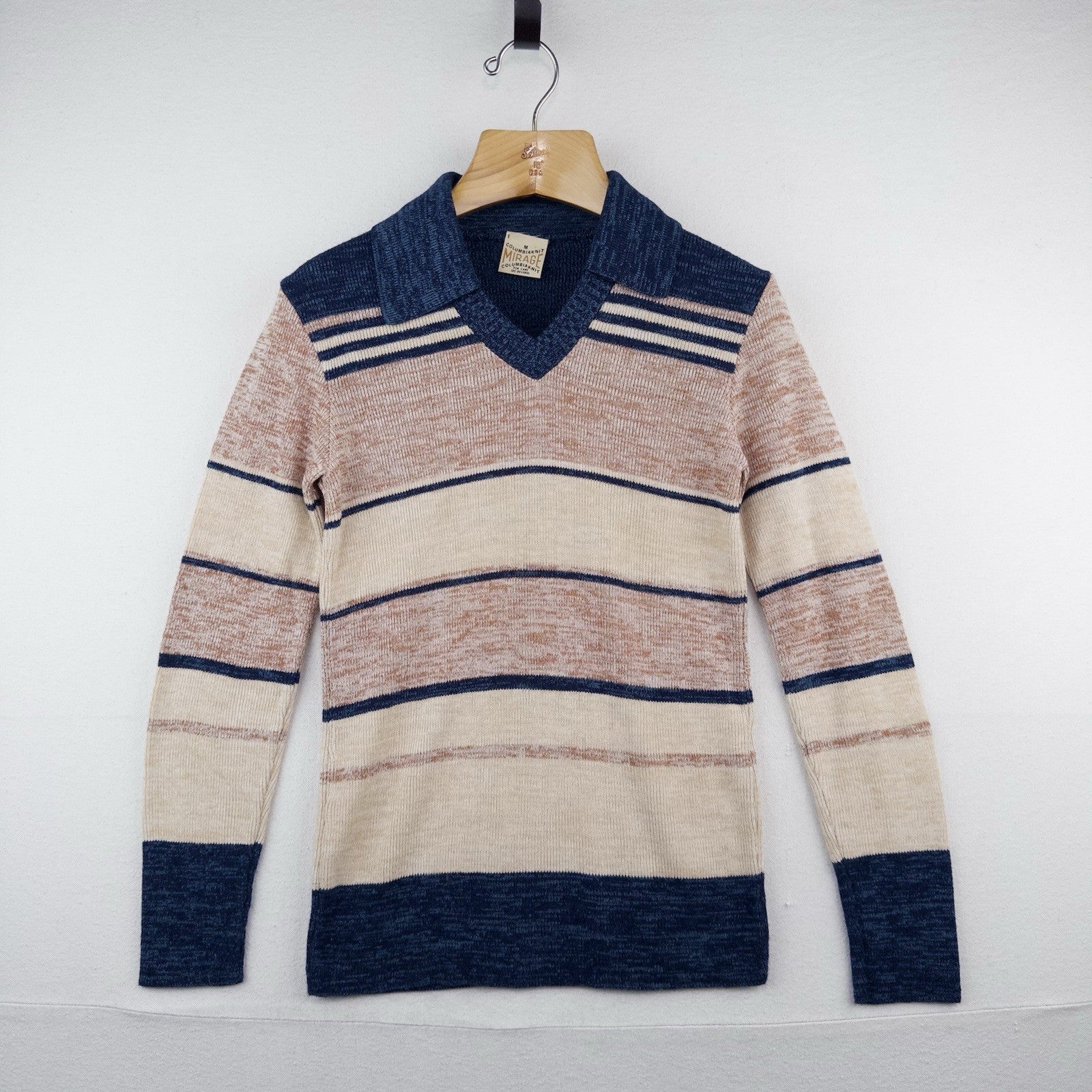70’s Vtg Columbiaknit Johnny Collar V Neck Sweater Mens Medium Cream Blue Stripe