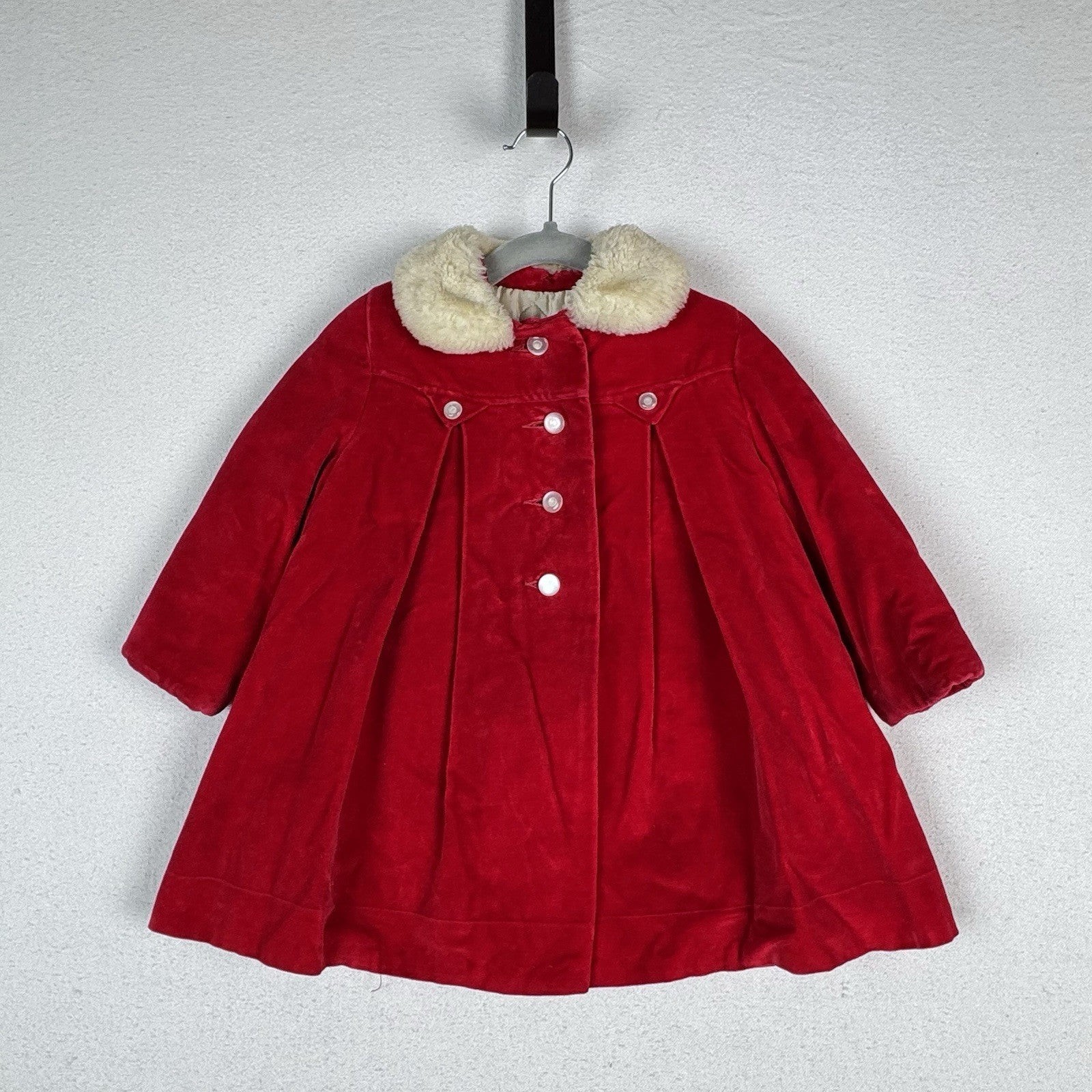 Vintage 60’s 70’s Red Velvet Swing Coat Fur Collar Made In Canada 3T Toddler