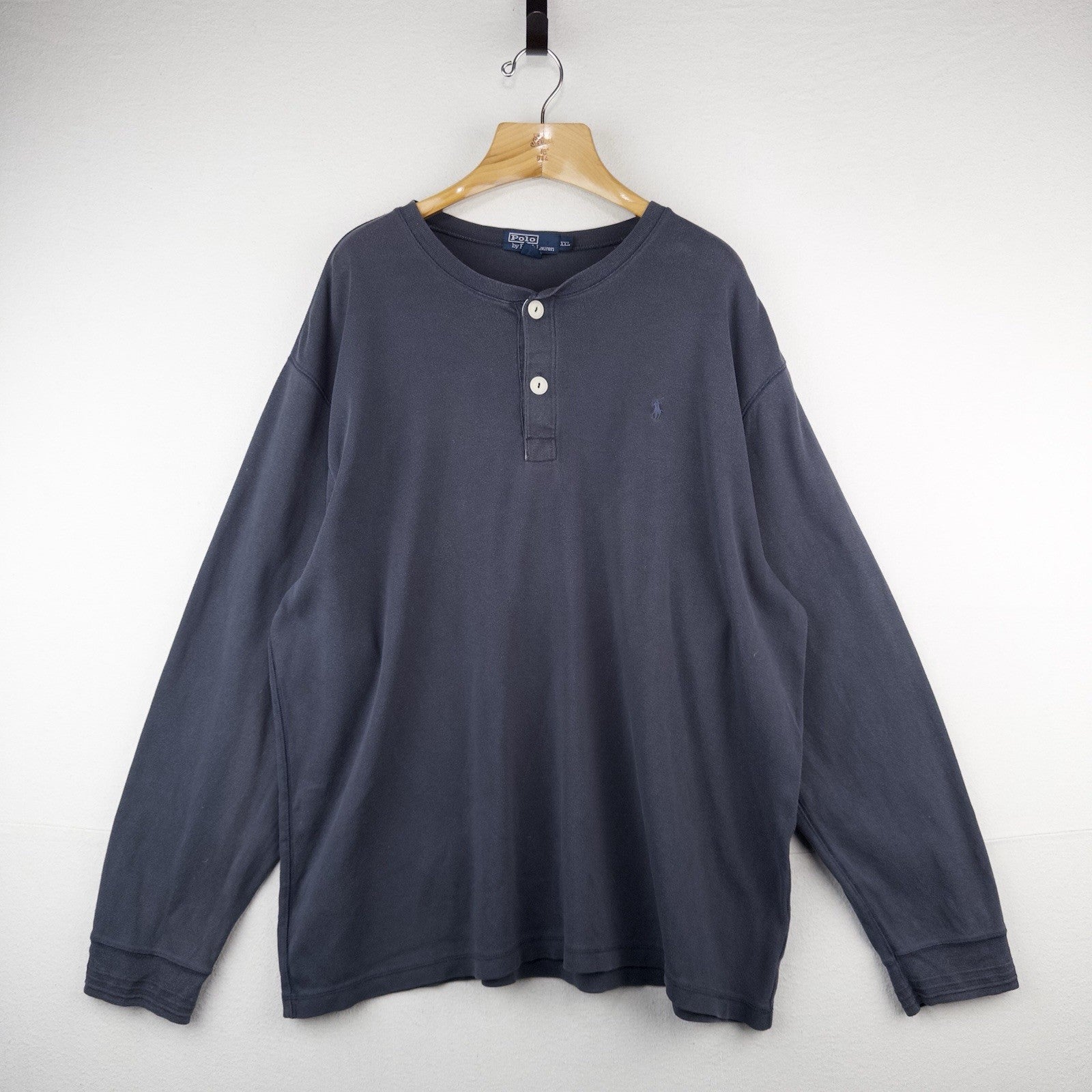 90’s Vtg Polo Ralph Lauren 2-button Henley Long Sleeve Blue Tee Shirt Mens 2XL