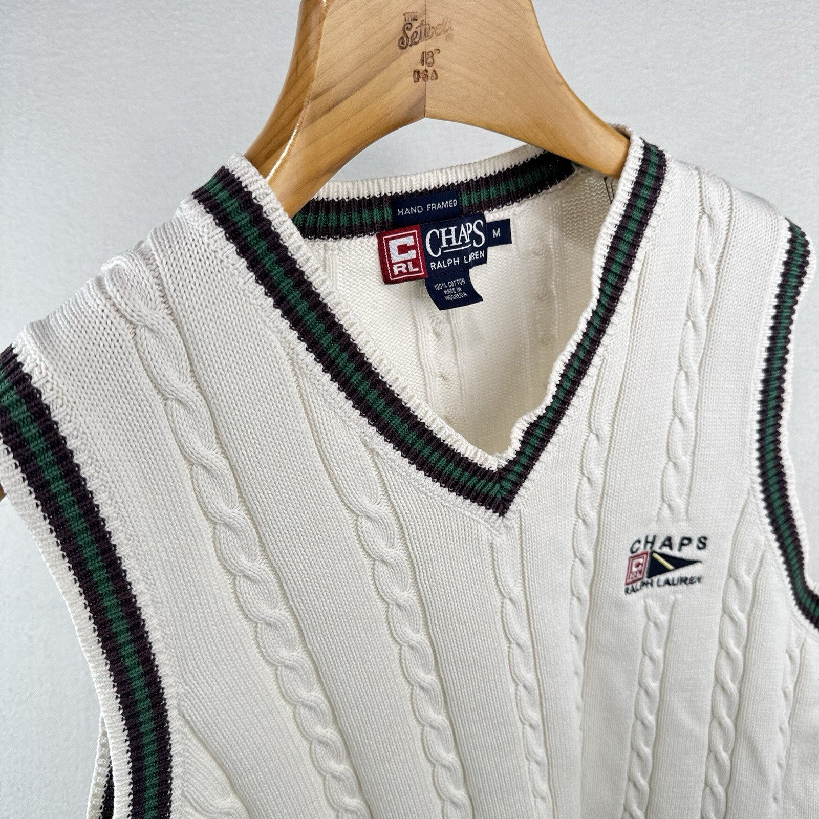 90’s Vtg Chaps by Ralph Lauren Men’s M Cream Cable-knit Cricket Vest Hand Framed