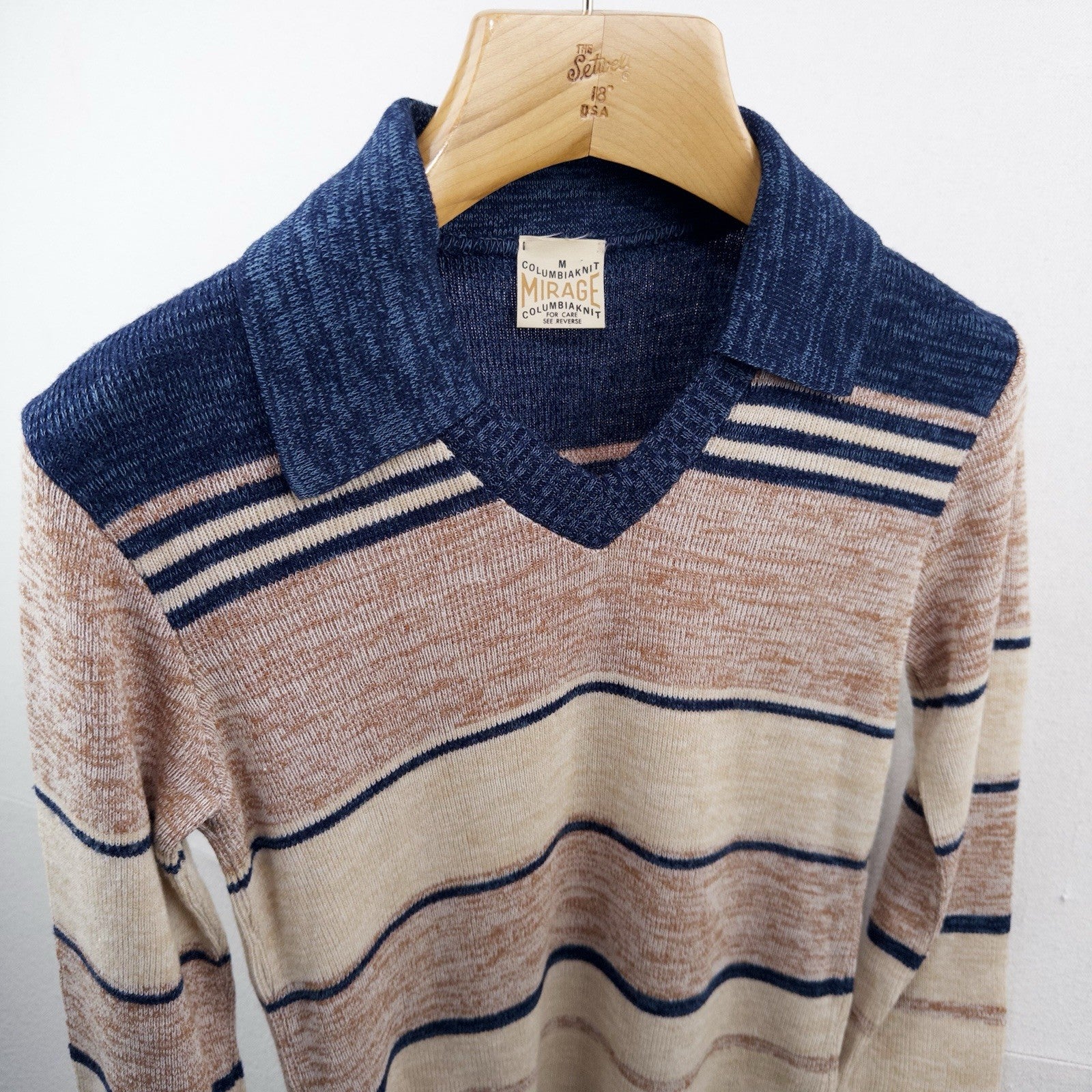70’s Vtg Columbiaknit Johnny Collar V Neck Sweater Mens Medium Cream Blue Stripe